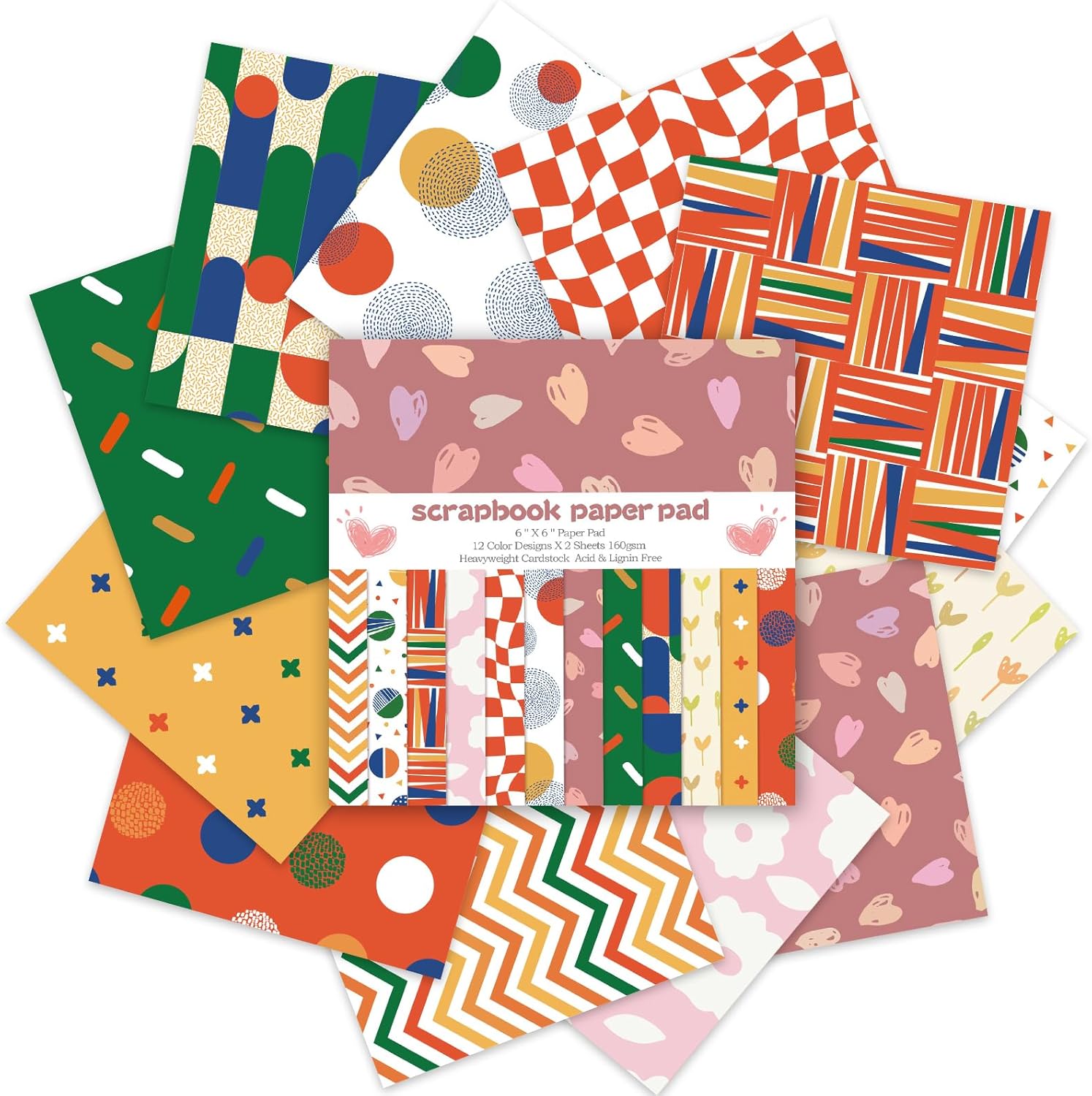 24 Sheets 12 Designs Scrapbook Paper Pad,6"×6” Single