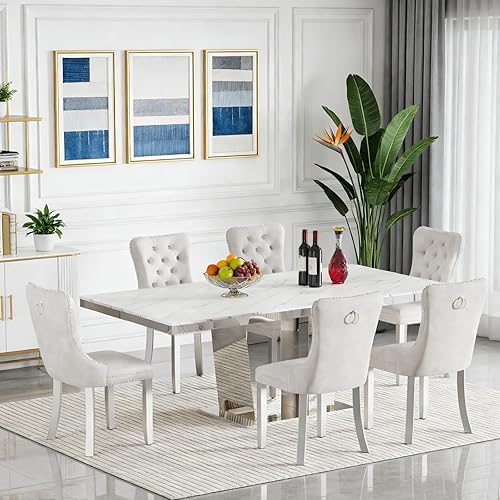 Miniatura 25 de SSLine Juego de mesas de comedor extensibles de 94.5 pulgadas para 6 personas, juego de mesa de comedor de 7 piezas, modernas mesas de cocina Blanco