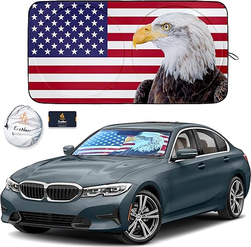 EcoNour Parasol patriótico para parabrisas de automóvil, camioneta y SUV, resistente material de poliéster 240T, visera frontal para parabrisas de