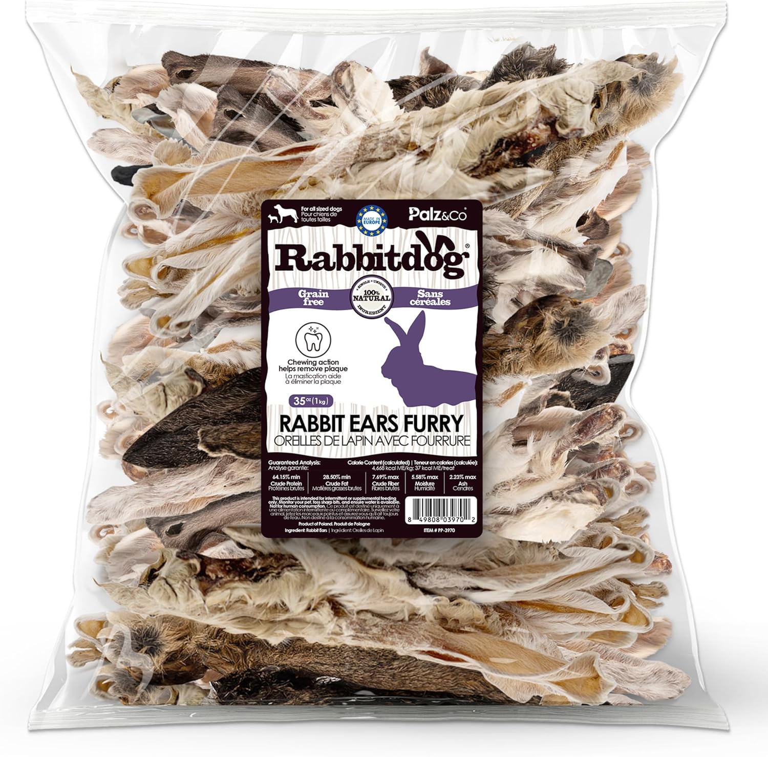 Palz&Co Rabbitdog Large Rabbit Ears with Fur Dog Treats, 2.2 LB - Single Ingredient Hypoallergenic Chews, Grain Free, Digestive & Dental Support