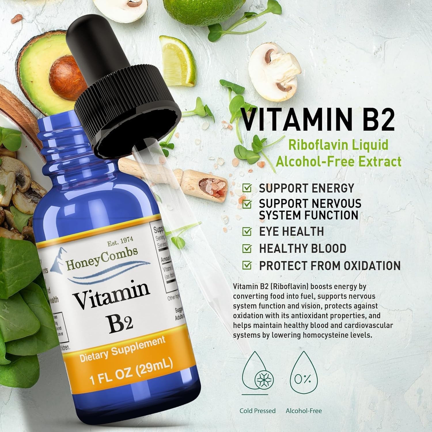HoneyCombs Liquid Vitamin B2 Drops Riboflavin B2 Supplement 1 Fl Oz | Headache Support Energy Metabolism & Nervous System Support High Potency Alcohol Free Vegan Fast Absorbing product thumbnail 6