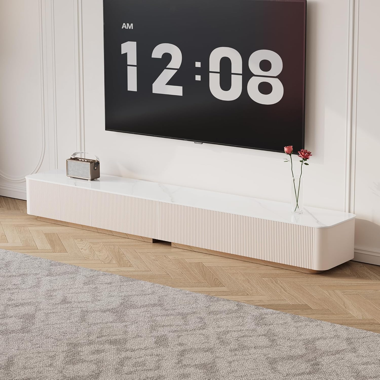 94.5" TV Stand for Large TVs, Modern TV Console with Storage, Sintered Stone Top & Wood Drawers Entertainment Center, Easy to Assemble, White Tabletop