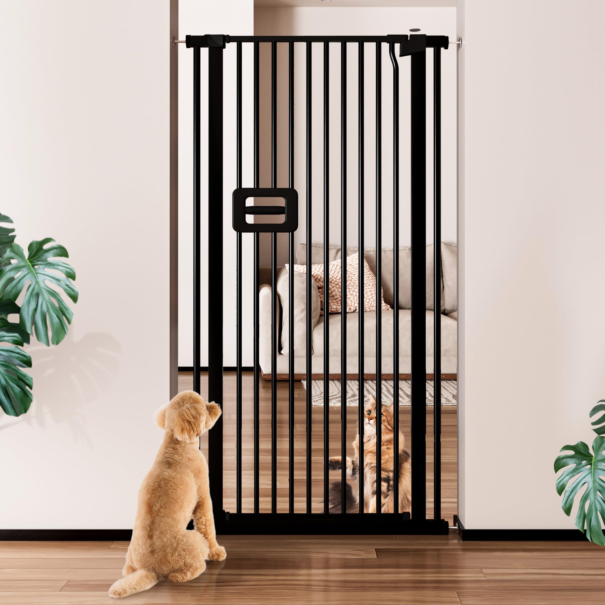 140CM Cat Gate Extra Tall Pet Gate, 75-82CM Wide Cat Dog Gate for Doorways& Stairs, Tall Cat Gate Metal Walk Through Auto Close 3.5CM Narrow Gap, Pressure Mounted No Drilling, Black