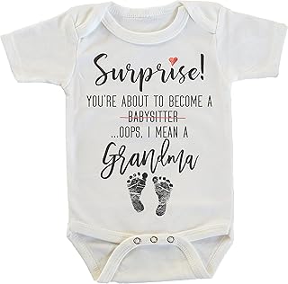 Surprise You're About to Become A Babysitter funny Pregnancy Reveal Announcement gift Grandparents Grandma Grandpa Grandmother Grandfather Aunt Uncle Godmother Big Sister Onesie/Bodysuit (Grandma 2)