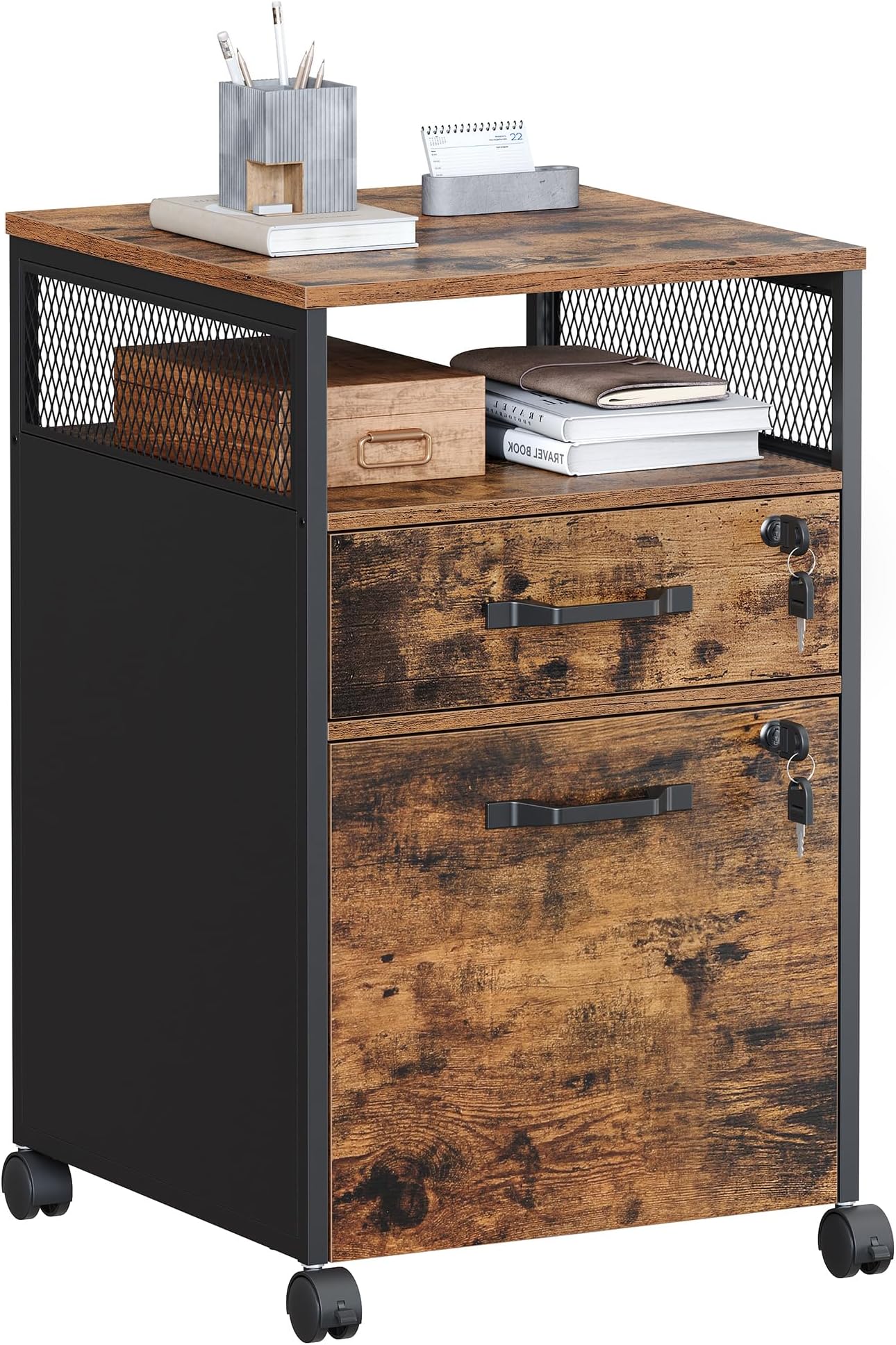 VASAGLE Filing Cabinet, Mobile File Cabinet with 2 Lockable Drawers, Office Cabinet on Wheels, for A4, Letter-Size Hanging File Folders, Open Shelf, Steel Frame, Rustic Brown and Ink Black OFC077B01