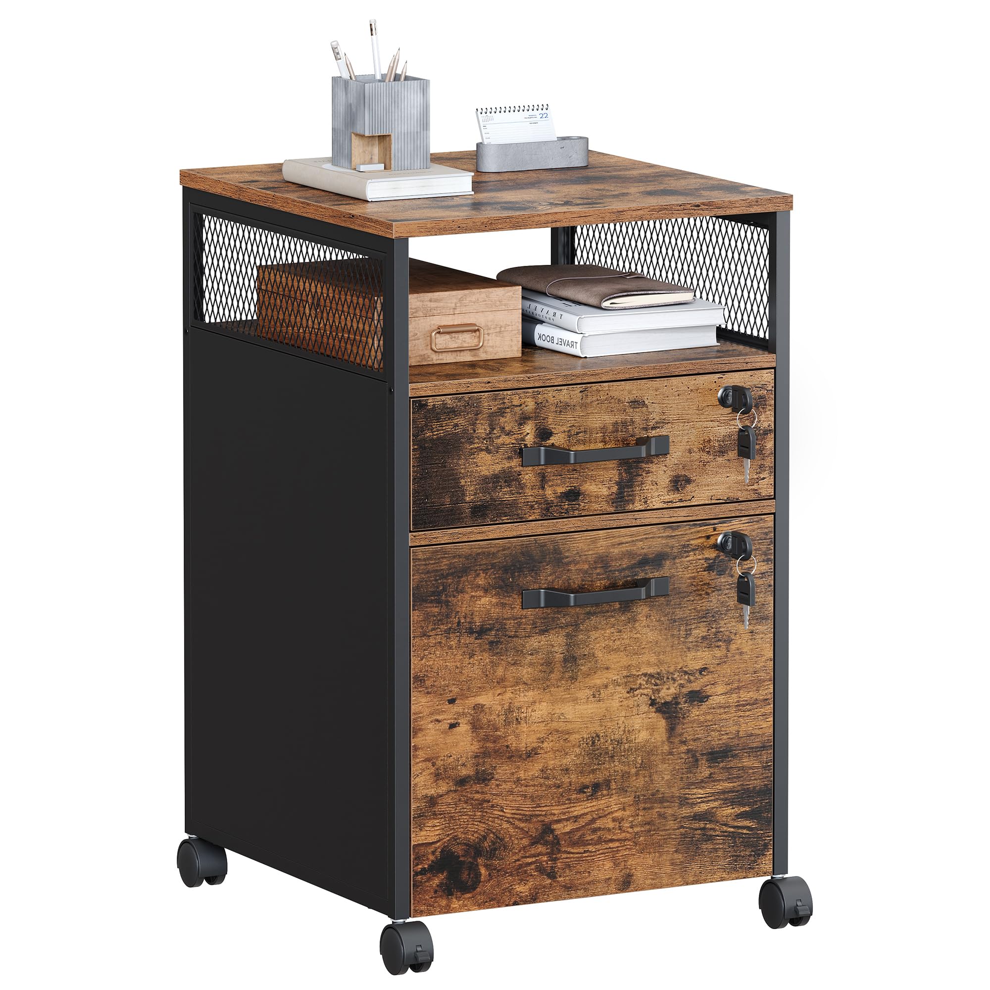 VASAGLE Filing Cabinet, Mobile File Cabinet with 2 Lockable Drawers, Office Cabinet on Wheels, for A4, Letter-Size Hanging File Folders, Open Shelf, Steel Frame, Rustic Brown and Ink Black OFC077B01 — image 1