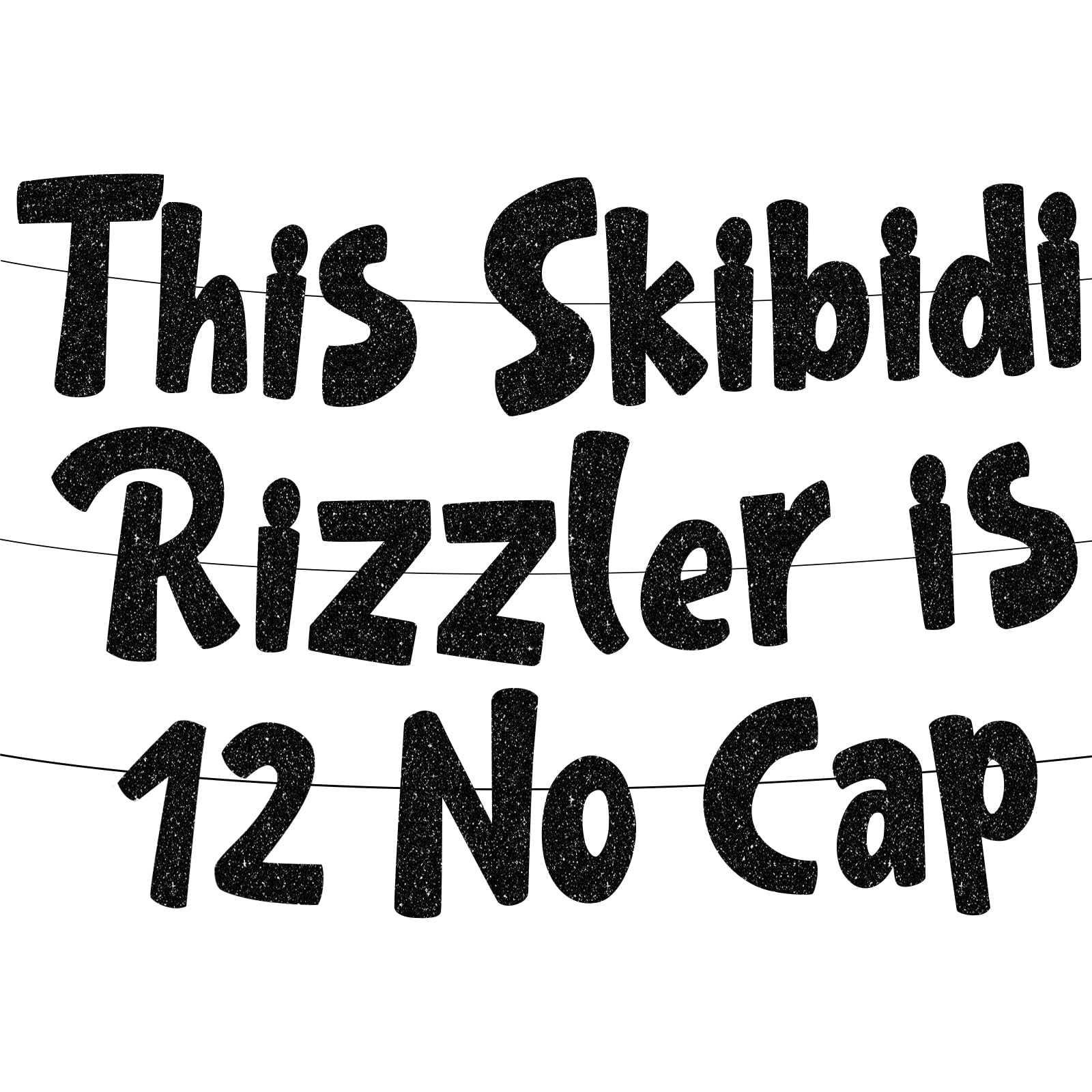 MYHOGOOD This Skibidi Rizzler Is 12 No Cap Banner,Black Glitter Birthday Party Decorations for Teenagers Party Favors and Supplies,12th Birthday Banner(Black,12 years old)
