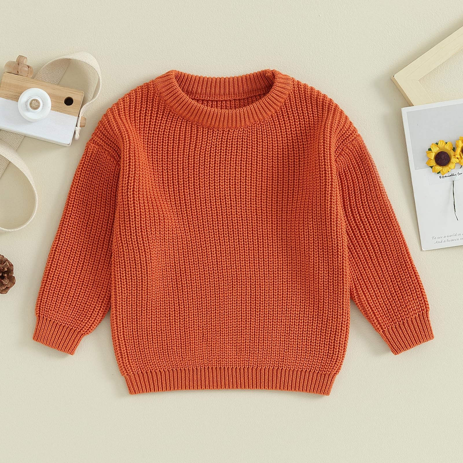 ZAXARRA Toddler Baby Autumn Sweater, Solid Color Knit Long Sleeve Round Neck Knitwear Pullover Winter Sweatshirt (Orange, 3-6 Months)