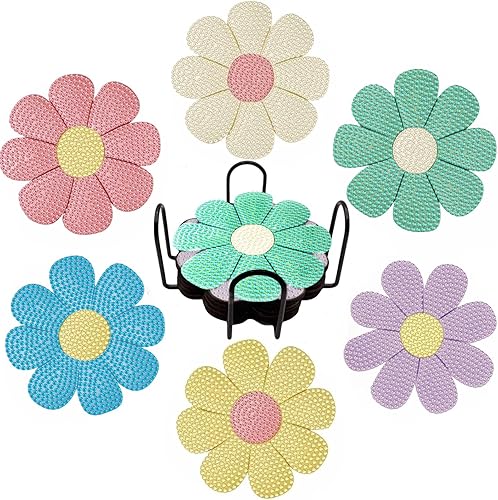 Miniatura 8 de 6 posavasos de pintura de diamante 5D con soporte posavasos bohemios con almohadillas de corcho para bebidas mesa de café kits de pintura de arte de