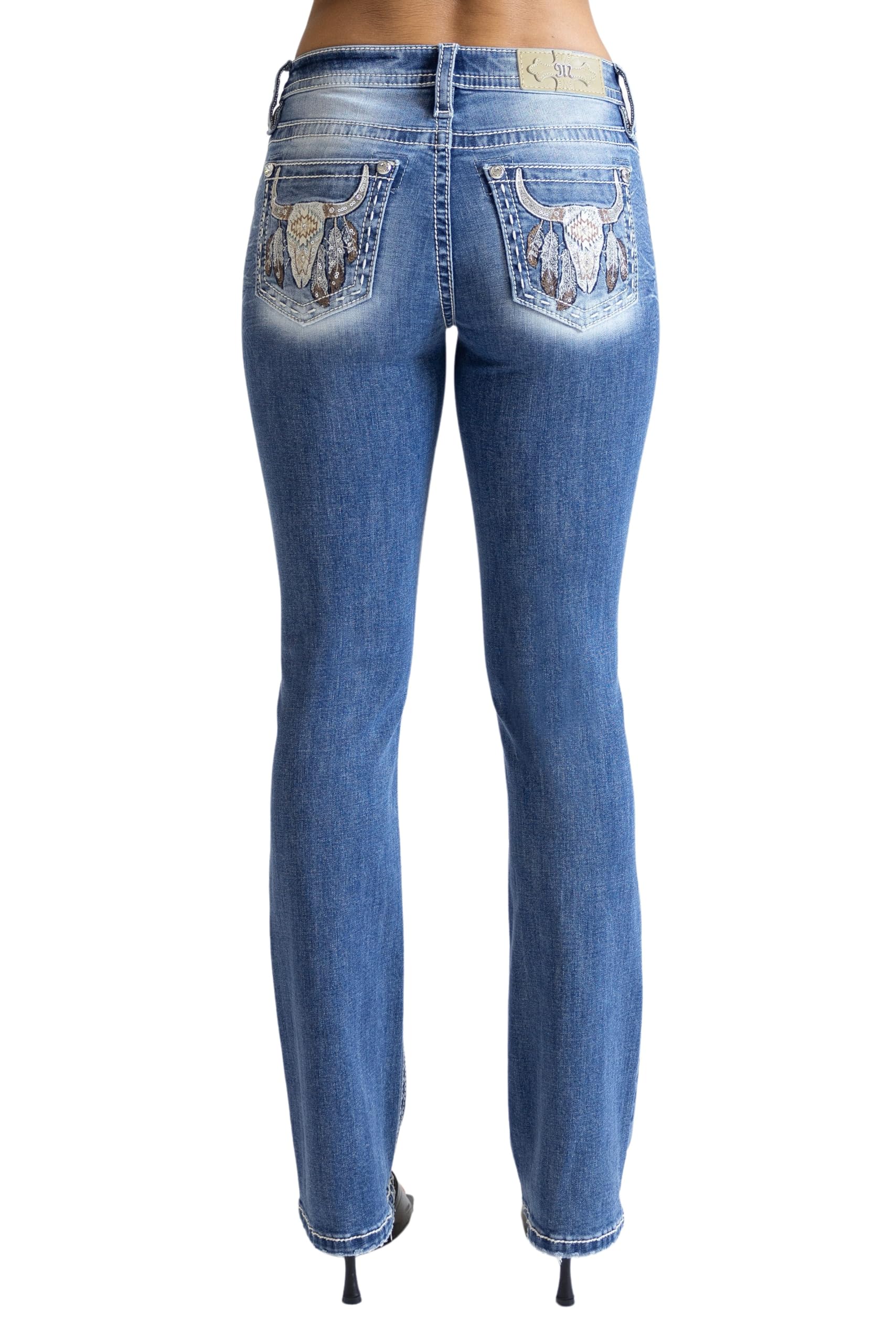 ♡m♡ Miss Me Women's Aztec Feathered Cow Mid-Rise Bootcut Jeans