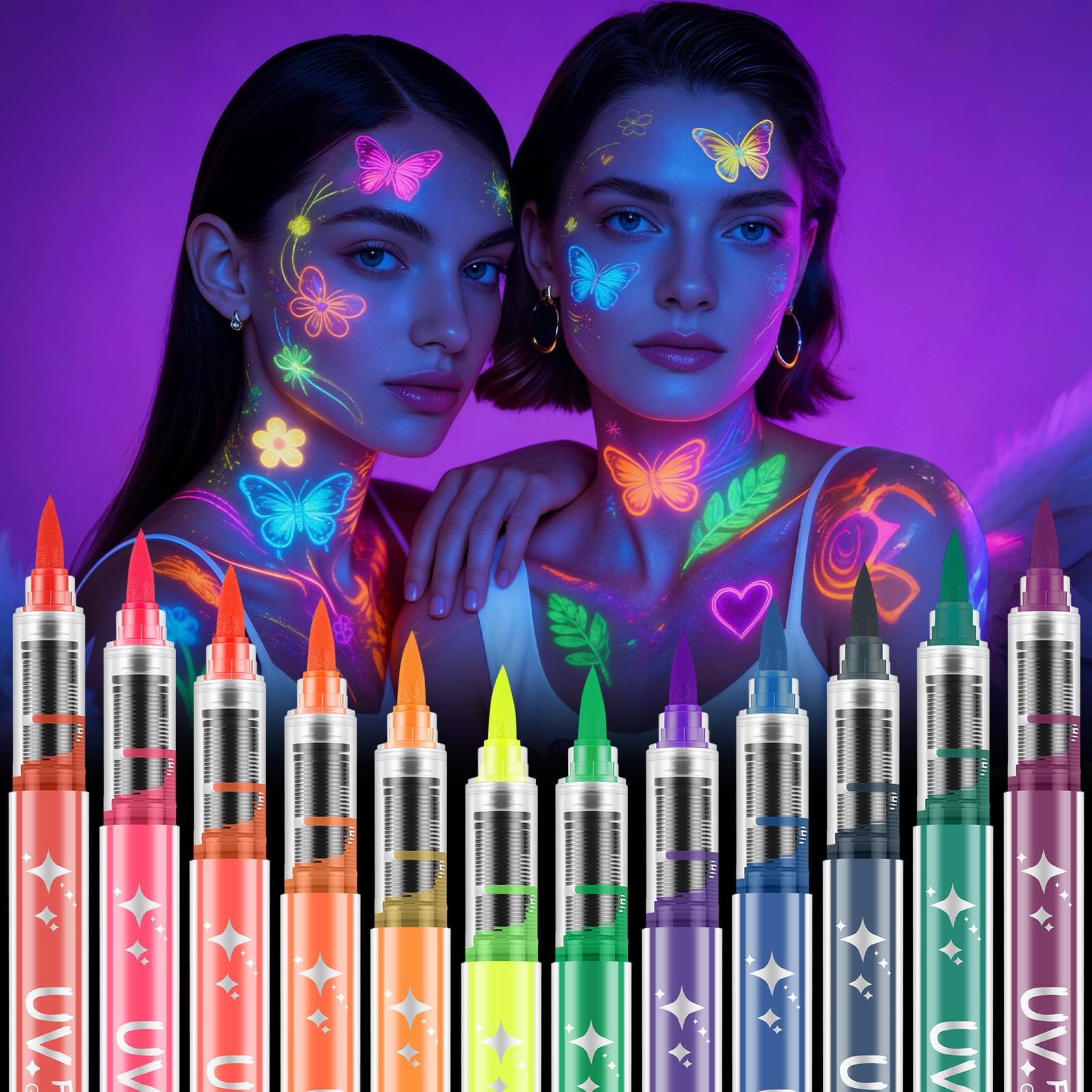 Glow in the Dark Face Paint Pens, 12 Colors Glow UV Neon Glow Face Paint Crayons Kit, Neon Face Paint Markers, UV Body Paint Kit Glow Under Blacklight for Adults Halloween Makeup Party