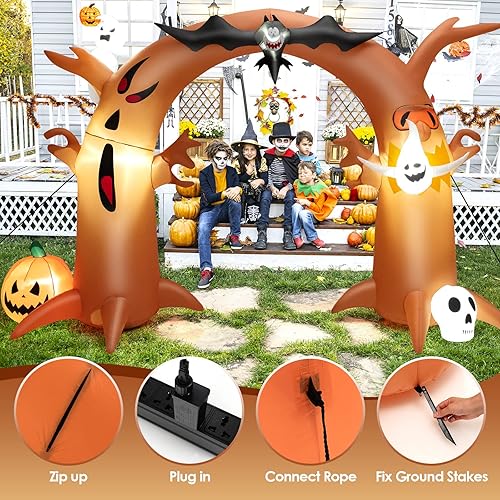 Miniatura 4 de COSTWAY Arco de árbol muerto inflable de Halloween de 8 pies de alto con murciélago, luces LED brillantes y soplador integrado