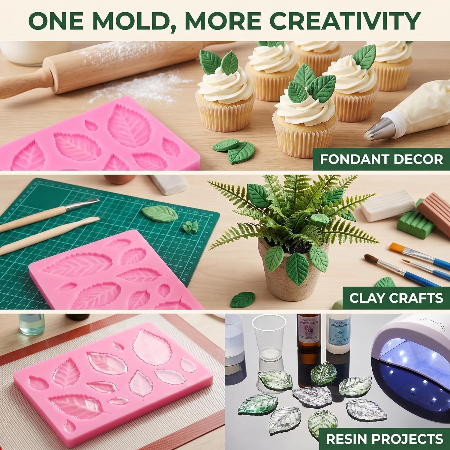 3Pcs Pink 3D Small Leaf Molds Silicone for Sugar Paste, Chocolate, Fondant, Butter, Resin, Polymer Clay, Wax, Soap, Crafting Projects and Cake Decoration Decorating, Craft Supplies