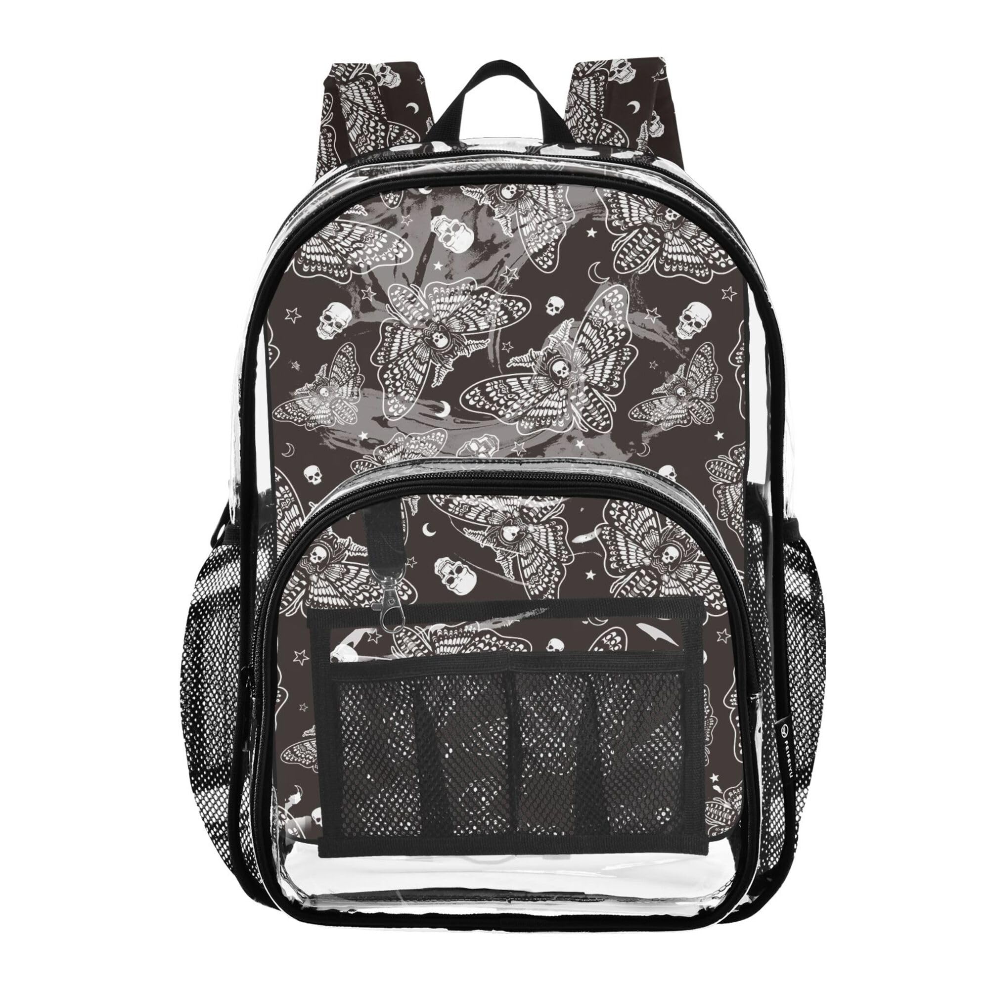 MNSRUU Large Clear Backpack for School Stadium Concerts Sports Events Gothic Moth Skull Moon Esoteric Transparent Heavy-Duty PVC Backpack with