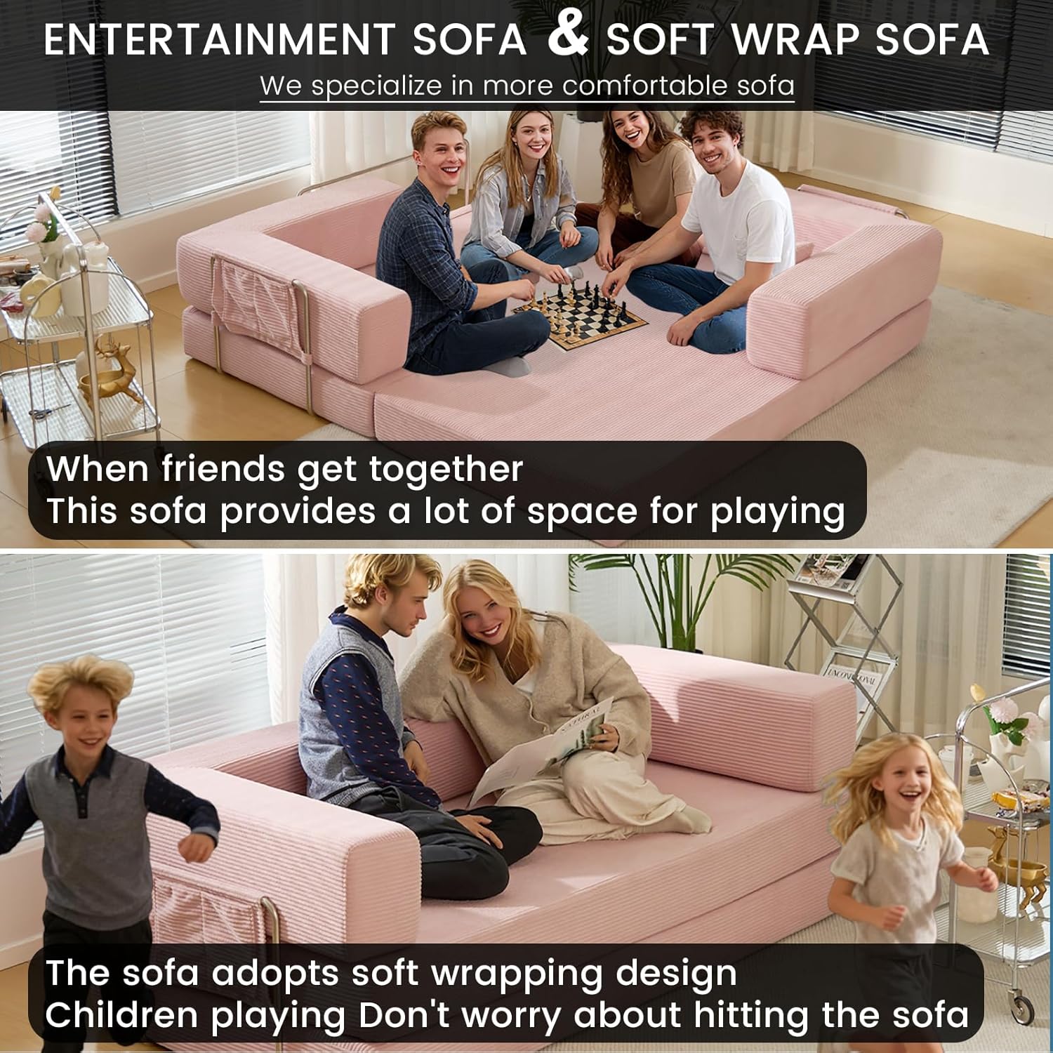 Convertible Sleeper Sofa Bed Corduroy Upholstered Modular Floor Couch Queen/King Size Foldable Futon with futon Memory Foam for Apartment Living Room Bedroom (Pink, 80.15") | Convertible sofa bed