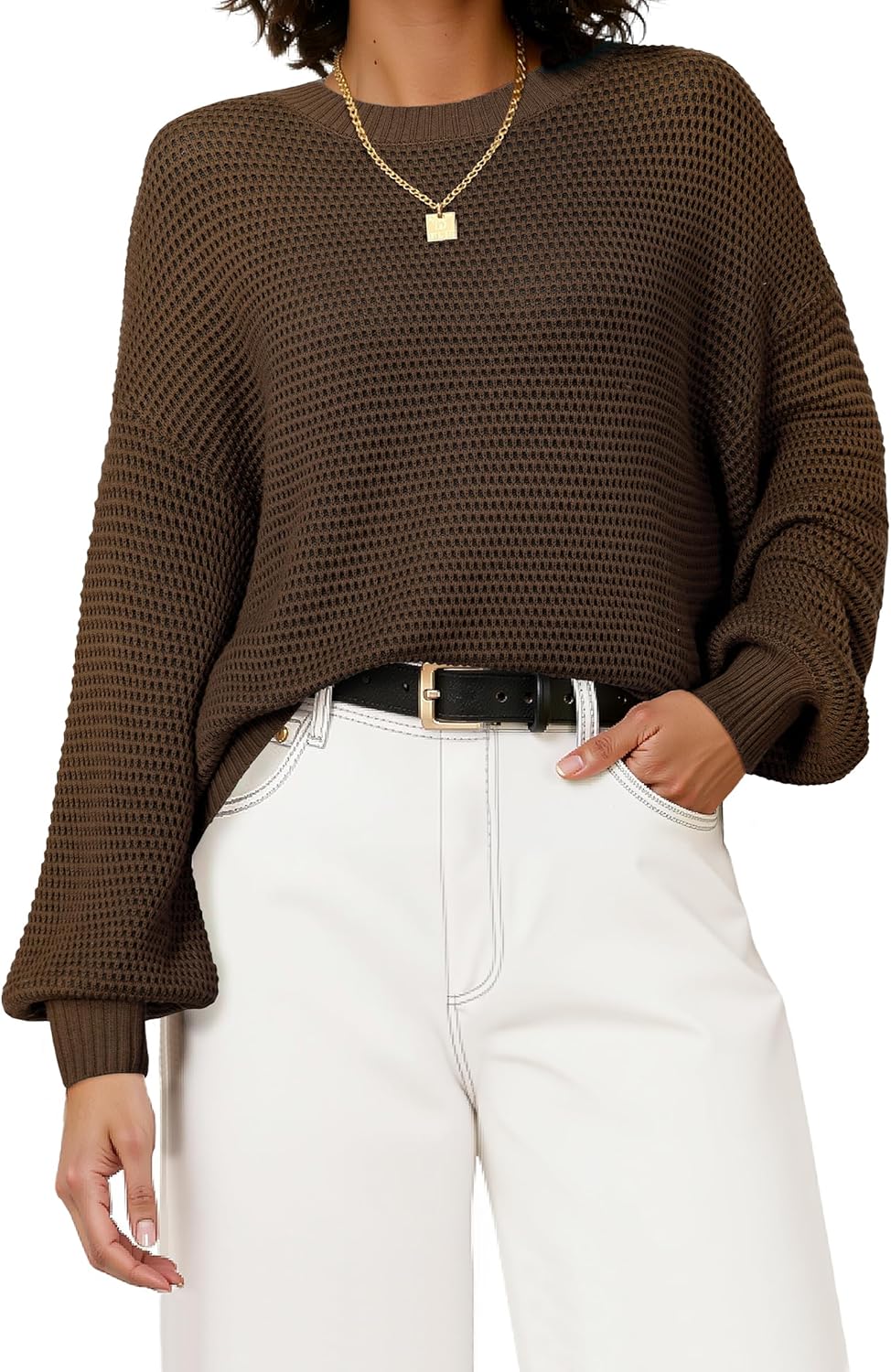 Arach&Cloz Women's Wool Blend Crewneck Fall Trendy Oversized Waffle Sweaters 2025