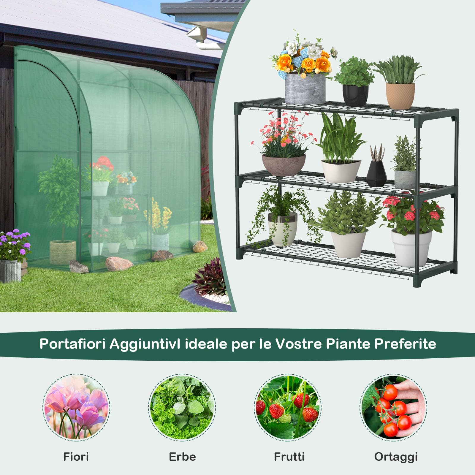 GYMAX Serra da Giardino da Parete, Mini Serra a Muro per Esterni con Ripiano a 3 Livelli, 2 Porte d’Ingresso con Cerniera, per Giardino, Cortile, 198,5 x 98 x 215 cm, Verde