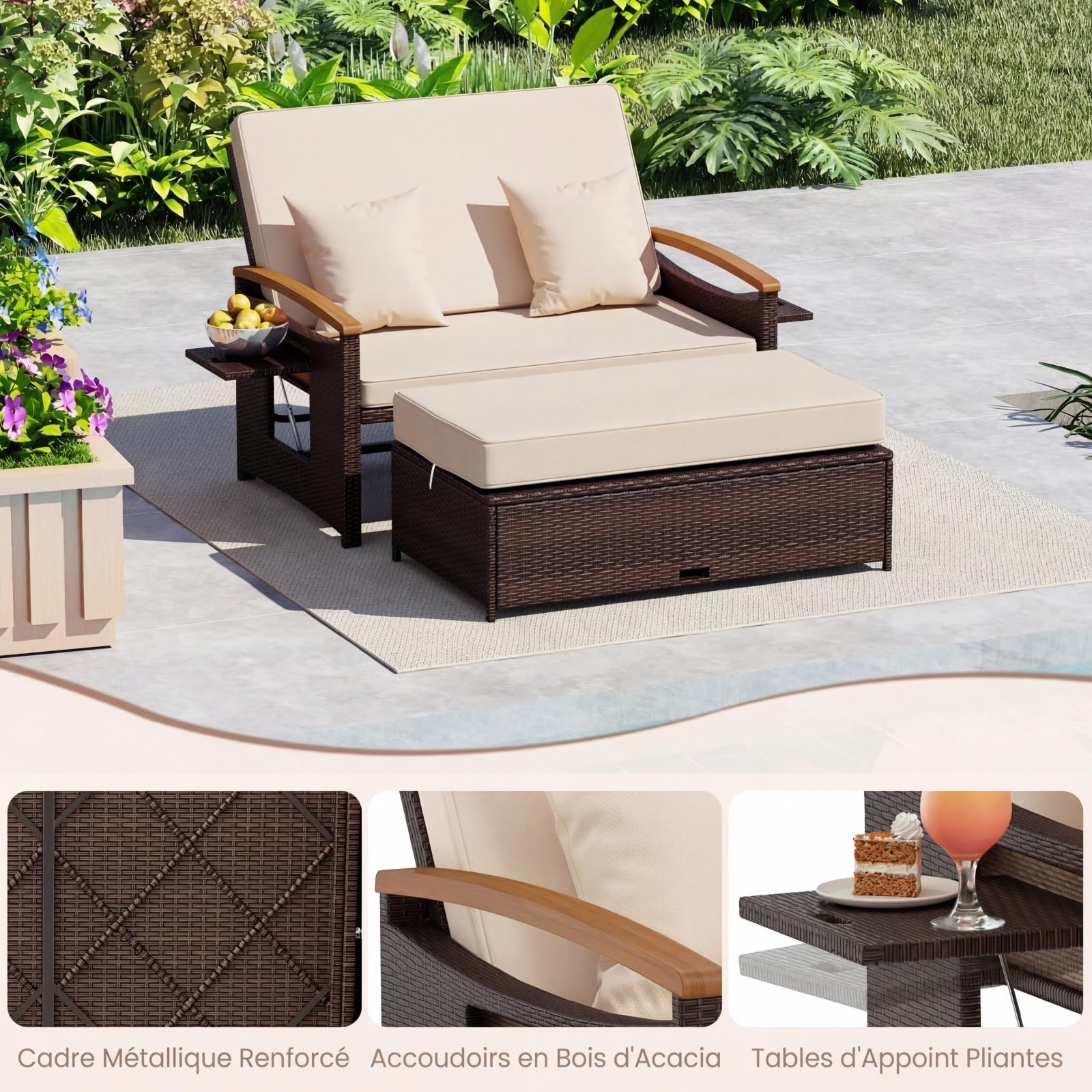COSTWAY Salon de Jardin en Rotin avec Ottoman de Rangement, Bain de Soleil avec Plateau Latéral Rétractable Dossier Réglable sur 4 Niveaux, Canapé à 2 Places pour Jardin Patio Piscine (Marron+Beige)