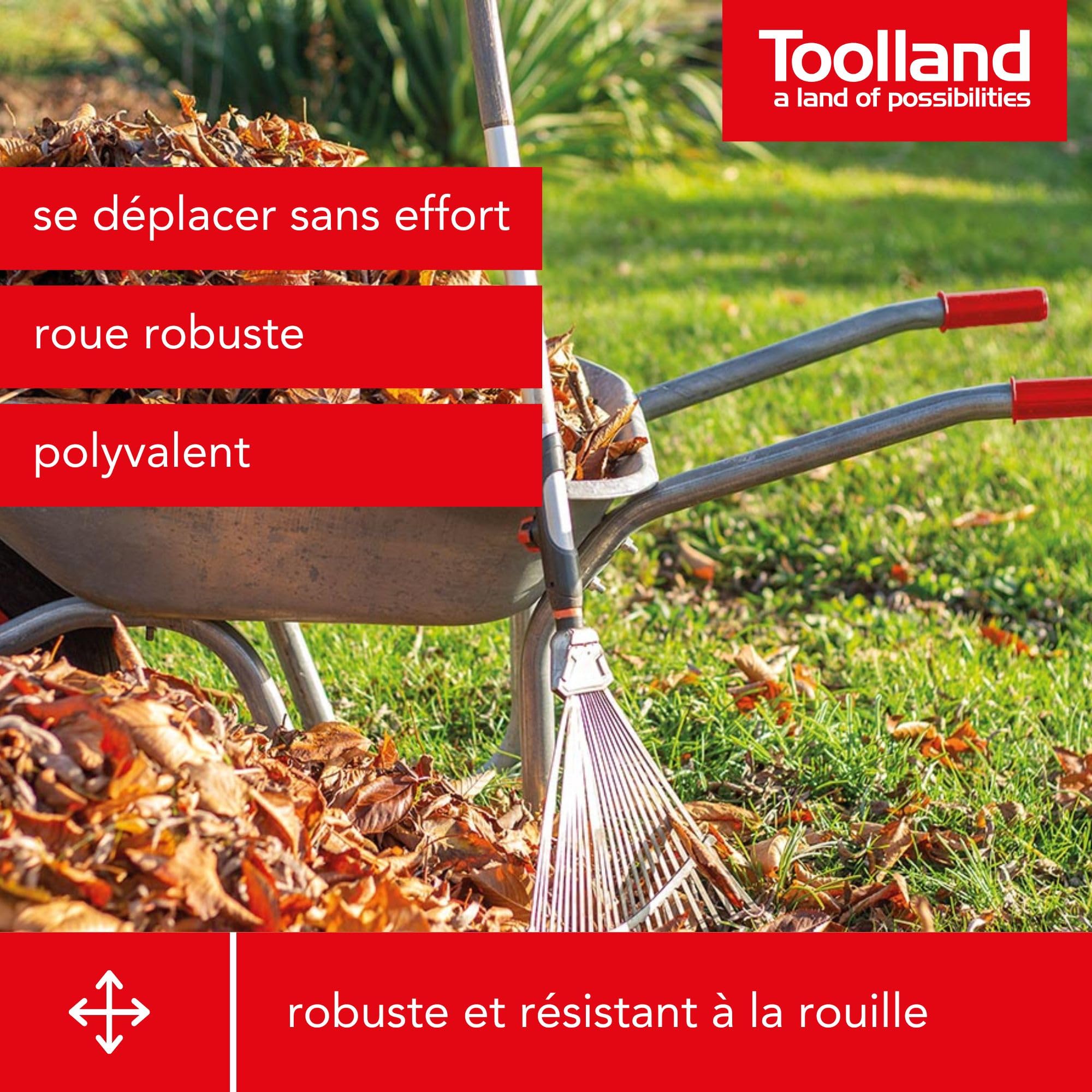 Toolland Brouette 85 L, bac en Acier galvanisé, Roue pneumatique 350 mm, légère 12 kg pour Jardin et Chantier Sable Terre gravats et déchets Verts