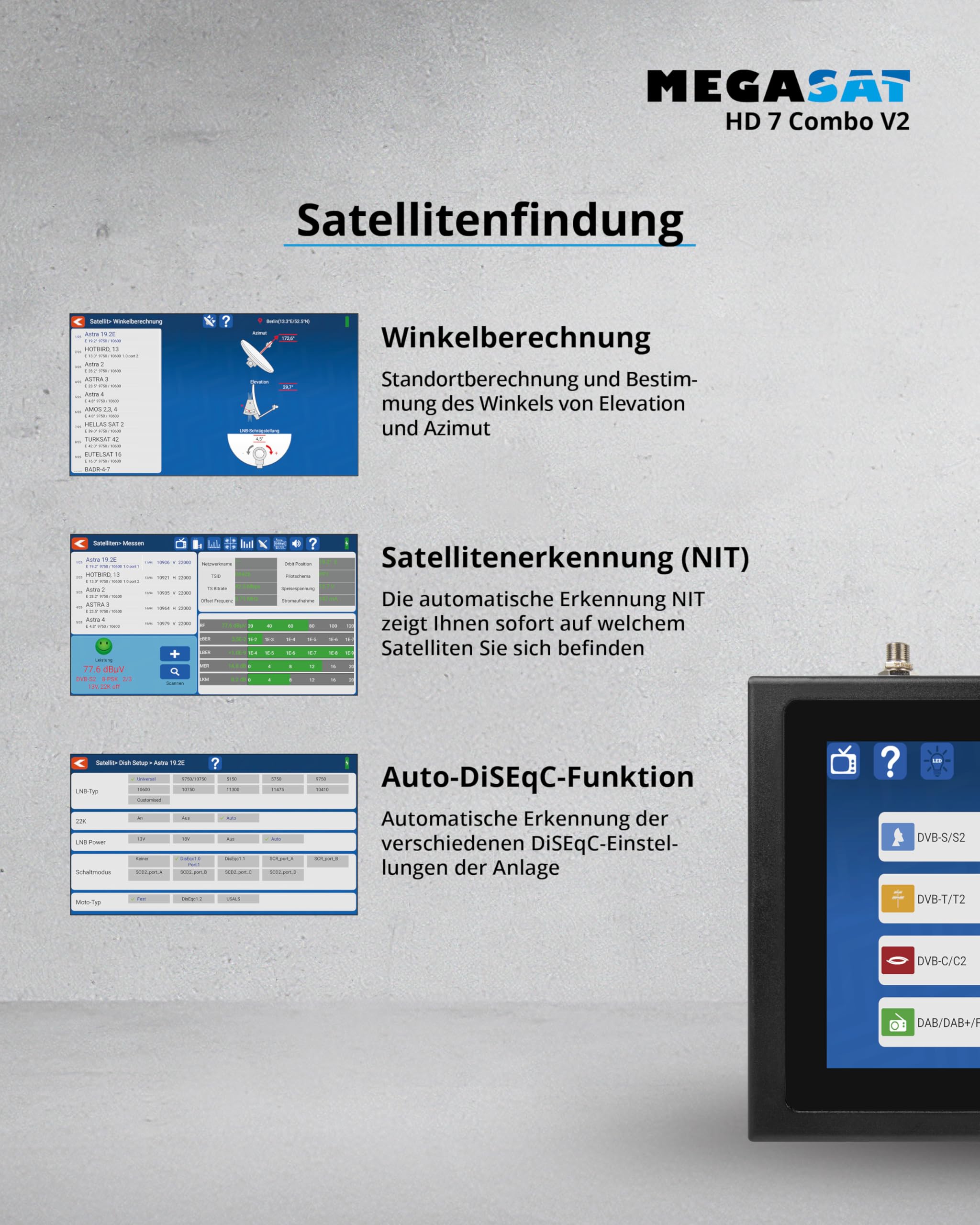 Megasat HD 7 Combo V2 – Combo-Messgerät mit Live-TV-Bild – Schwarz | Für DVB-S, DVB-S2, DVB-T, DVB-T2, DVB-C, DAB+, Unicable, 8,9″ Farbdisplay, Touchdisplay, Akku, Lampe