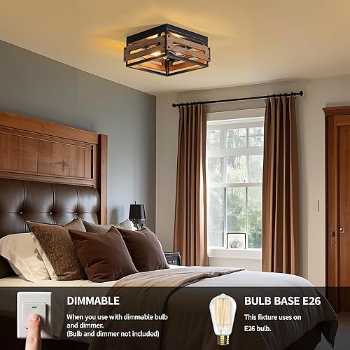 Miniatura 7 de MAYNA Lámpara de techo empotrada de 2 luces, lámpara de techo rústica, cuadrada de metal y madera, lámpara de comedor para pasillo, granja, entrada,