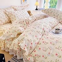 Vista 3 de EAVD Funda de edredón de flores rosas estilo jardín francés con volantes Queen de algodón suave elegante shabby chic juego de ropa de cama floral