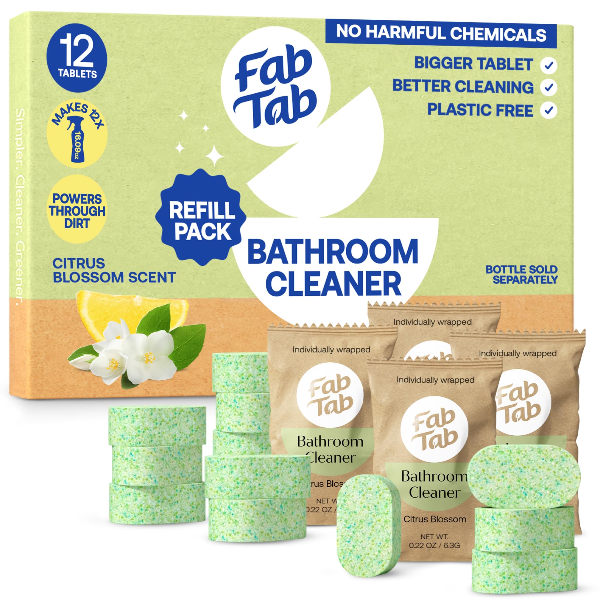 Fab Tab Bathroom Cleaner Eco-Conscious Cleaning Tablets for Sparkling Bathrooms Powerful Grime Remover Citrus Scent No Harmful Chemicals