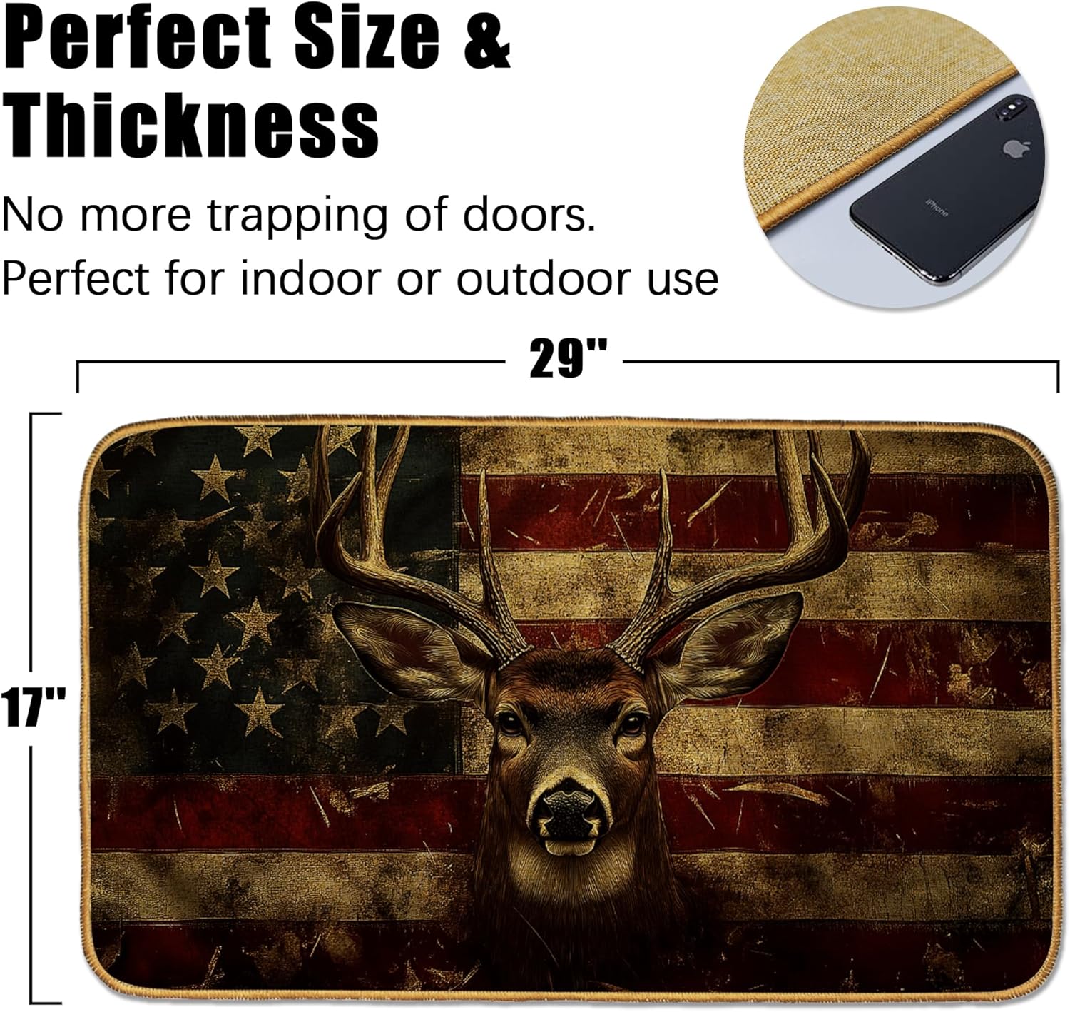 Deer American Flag Doormat Outdoor Entrance,Retro Antler Front Door Mat Decorative Indoor Outdoor Non-Slip Entryway Rug for Home Entrance Outside Entry Floor Patio 17x29 Inch