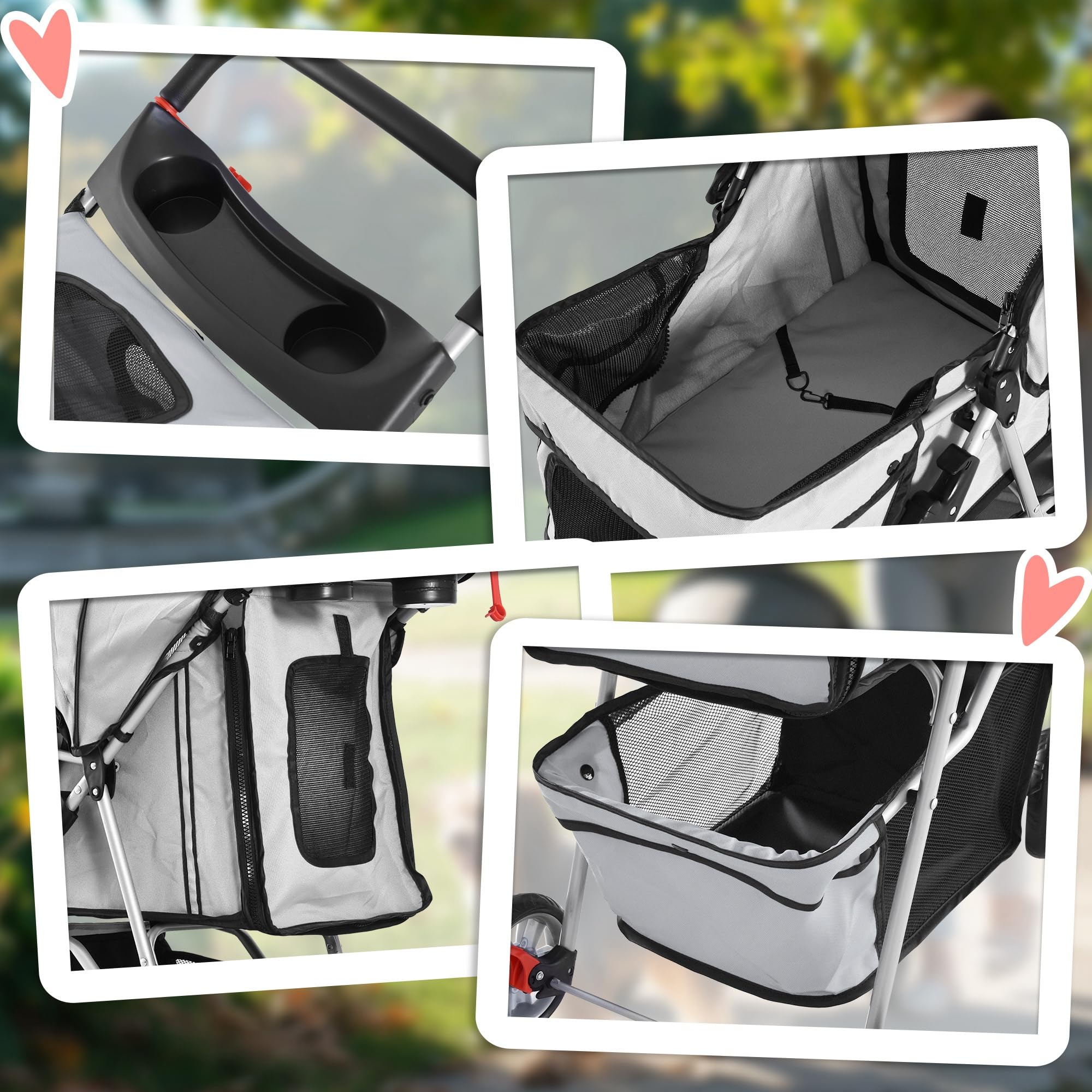 PawHut Cochecito Plegable Mascotas 75x45x97cm Perros Gatos Carrito Ruedas giran 360º Gris