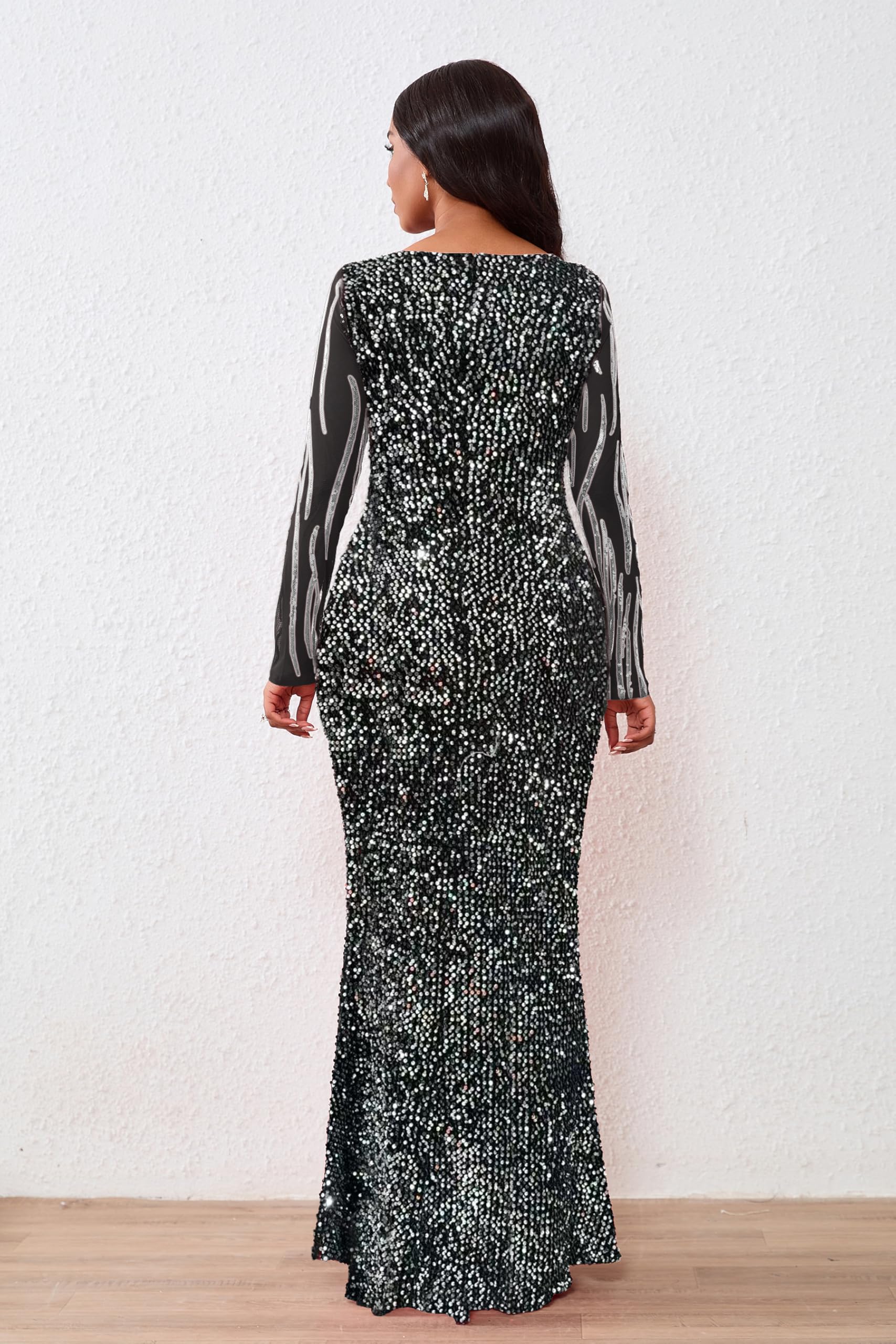 VERWIN Abito lungo da donna con paillettes, scollo rotondo, maniche lunghe, scintillante, a sirena, per feste e cocktail