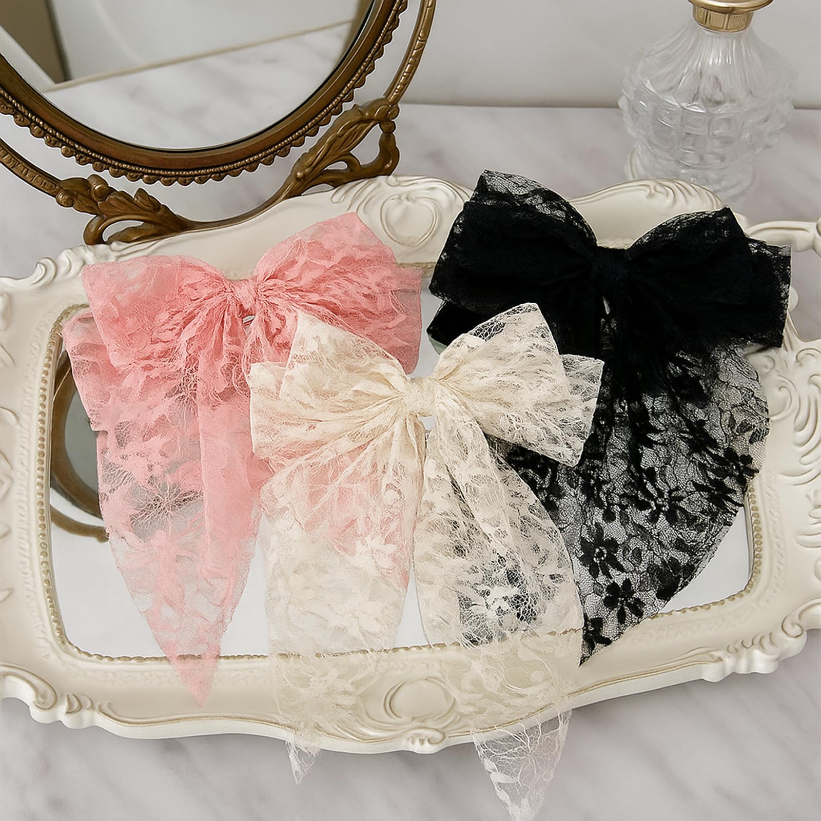 AYNKH 3PCS Lace Big Bow with Long Silky Satin, Soft Double-Layer Gentle Hair Clips, Solid Color French Barrette - Image 4