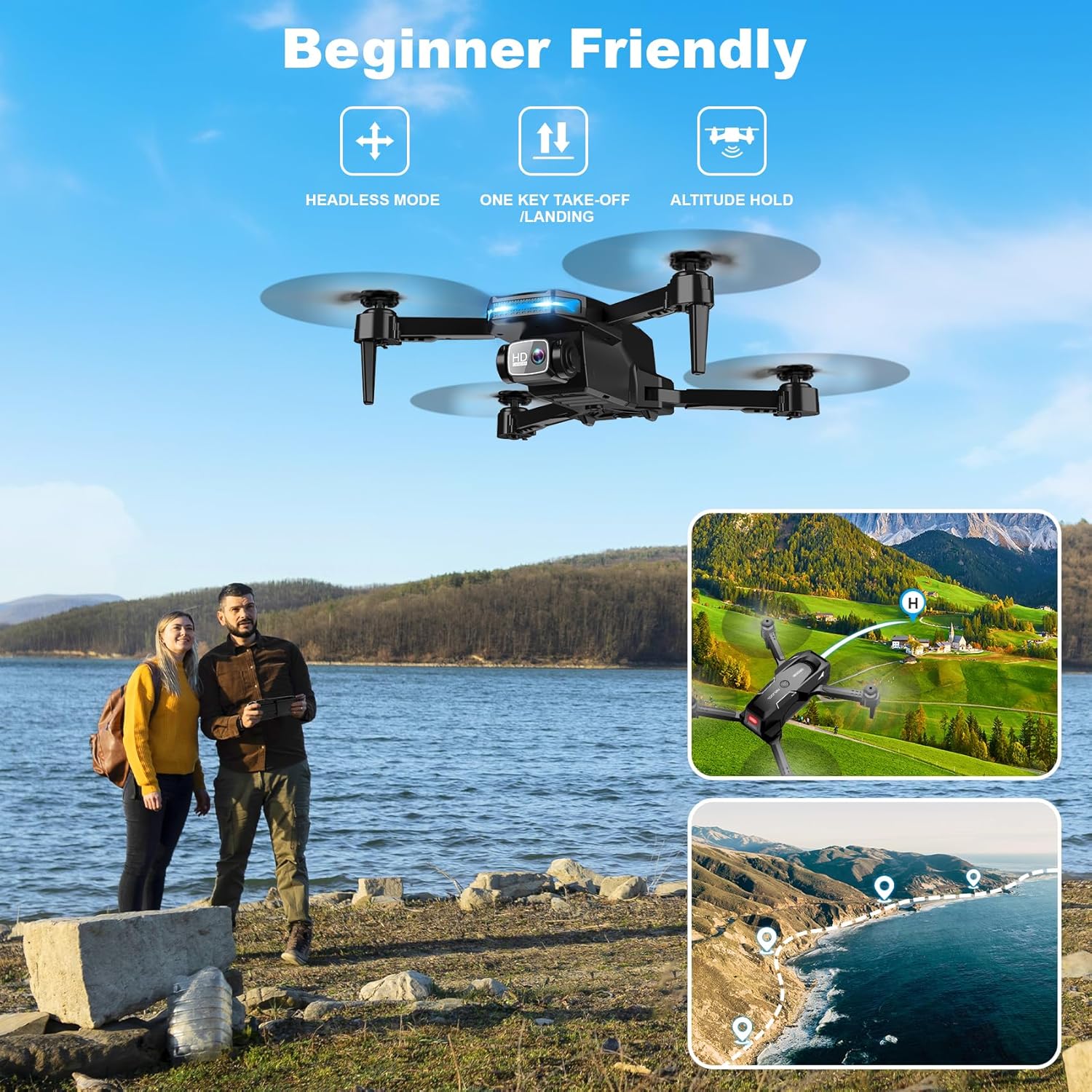 Drone with 1080P Camera - Foldable Remote Control Quadcopter with Gesture Control, 3D Flip, One Key Start, Emergency Stop, 2 Batteries, Easier to use, Toy for Adults Beginners, Black