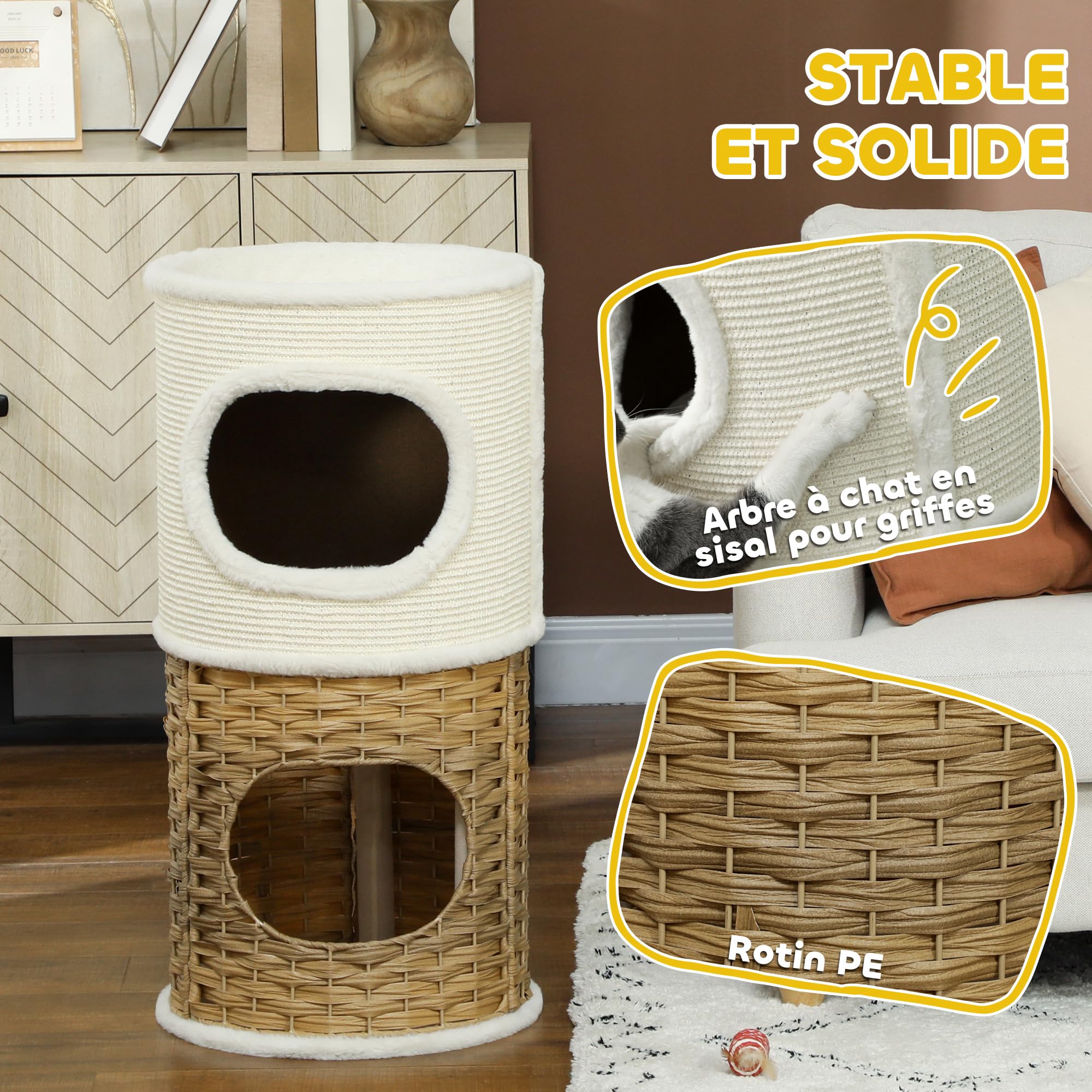 PawHut Domowa budka dla kota z 3 poziomami, wieża dla kota z otwartą górną tacą, beczka do drapania z sizalu dla zwierząt poniżej 6 kg, Ø 40 x 80 cm, kremowa