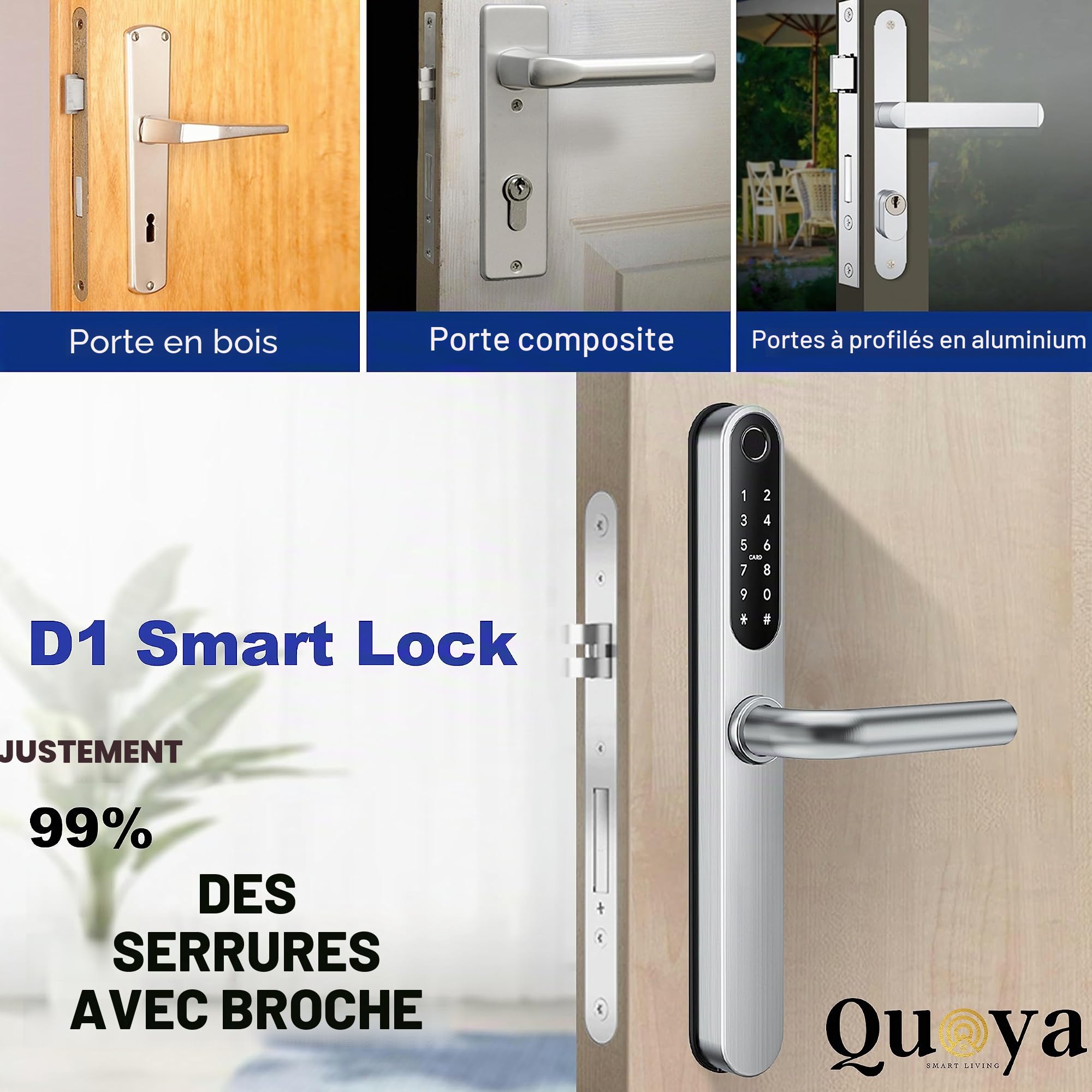 QUOYA D1 Poignée de serrure de porte intelligente, angle de rotation maximal de 75 °, étanchéité IP55, entrée sans clé, rétrofit fin, méthode de déverrouillage (empreinte digitale, carte RFID, broche