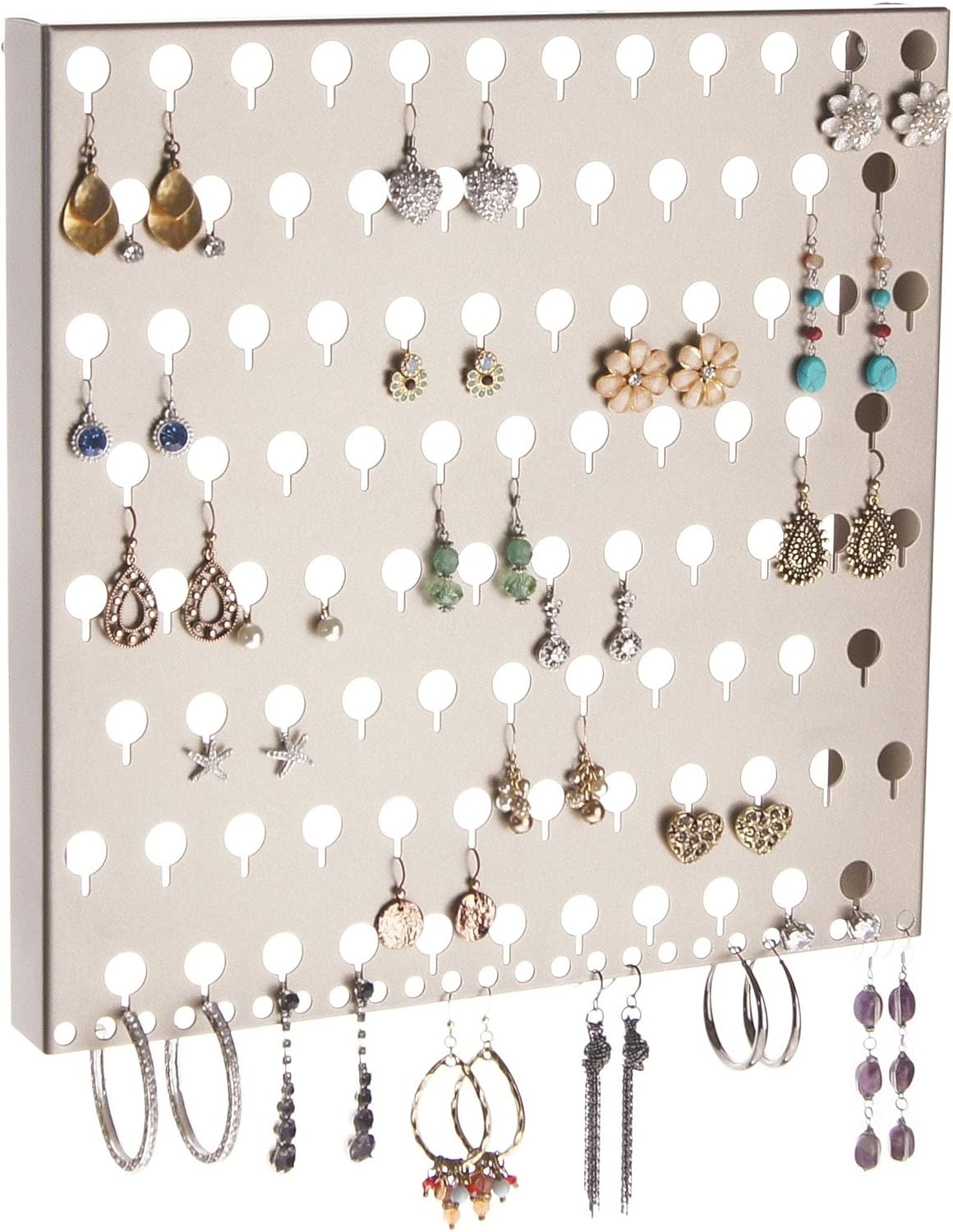 Angelynn's Wall Mounted Earring Holder Organizer Display for Small and Medium Women Post Stud Dangle Pierced Earrings, Hanging Closet Jewelry Storage Rack, Michelle Satin Nickel Silver 9" x19 3/4"