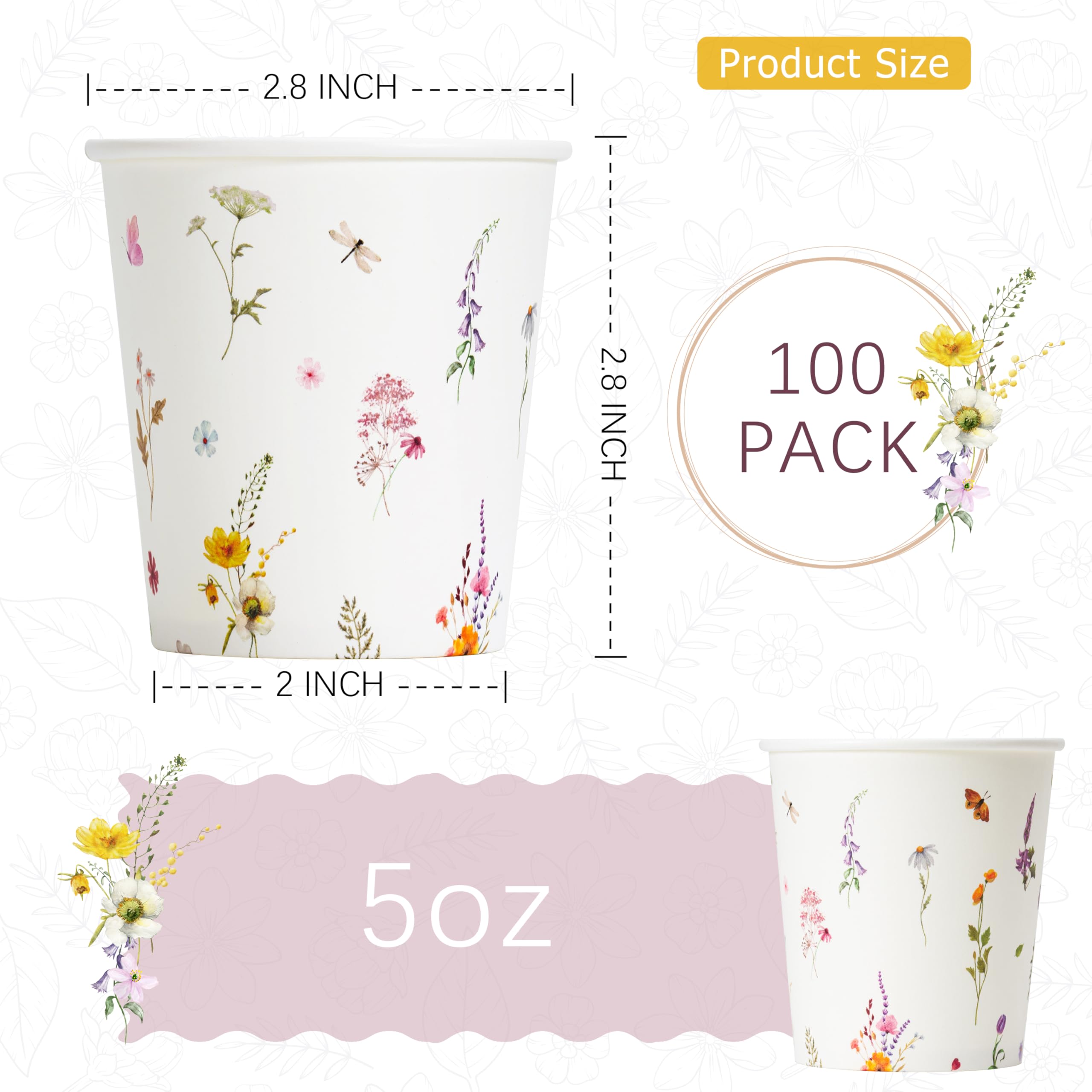 Crisky 100 Pack 5oz Paper Cups, Disposable Bathroom Cups, Elegant Design Floral Small Mouthwash Cups, Hot/Cold Beverage Coffee, Dessert Cups for Birthday Parties, Home-use, Picnics, Ceremonies