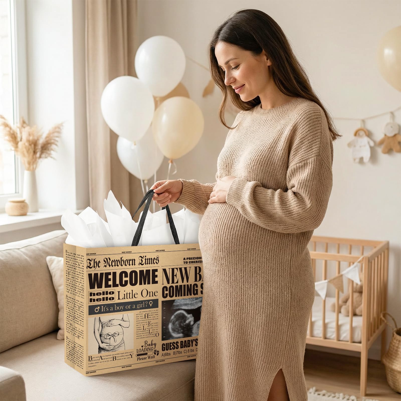 Loveinside 13" Large Baby Shower Newspaper Gift Bag, Vintage Welcome New Baby Design, Gender Neutral Kraft Party Bag with Tissue Paper for Pregnancy Announcement, Newborn Gifts, 13" x 5" x 10", 1 Pcs