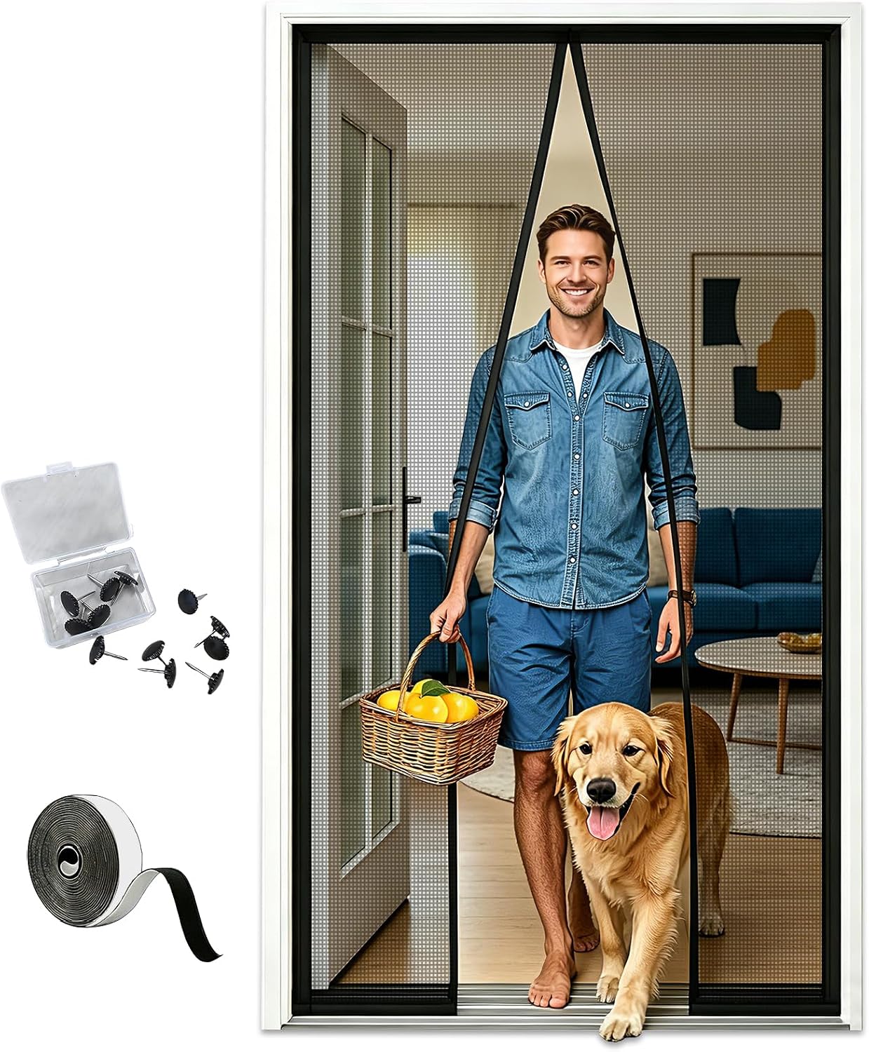 Magnetic Screen Door Fits Door Opening 38" x 82", Actual Curtain Size 40"x83",Heavy Duty Mesh Screen with Magnetic Closure Keeps Bugs Out Let Breeze in,Pet/Kid Friendly,for Front Door or Sliding Door