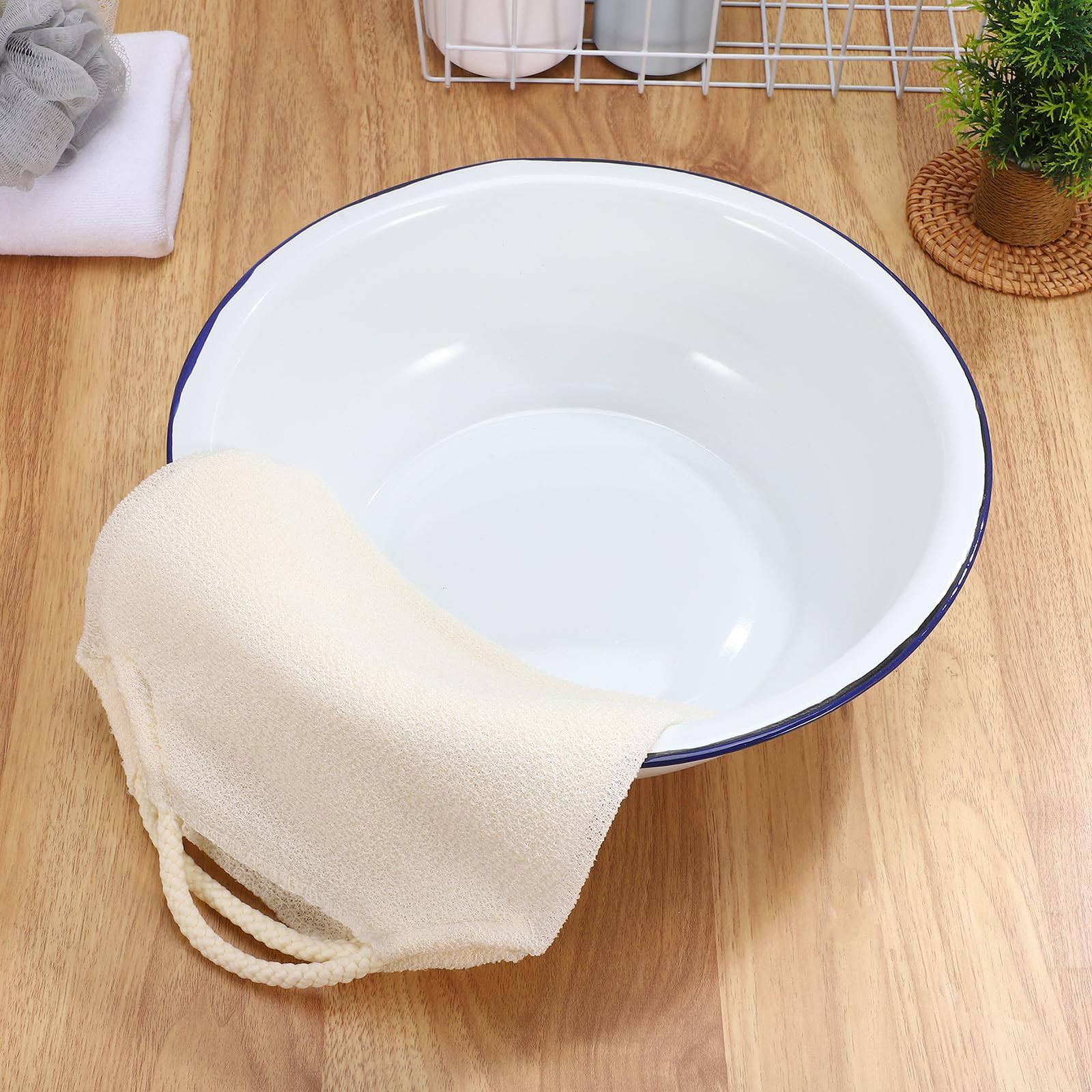 Bain de Pieds en Émail Rétro 30 Cm Bassin de Trempage Blanc Bord Bleu Multifonction pour Bain Pédicure et Lavage du Visage Pieds Solide et Facile à Nettoyer