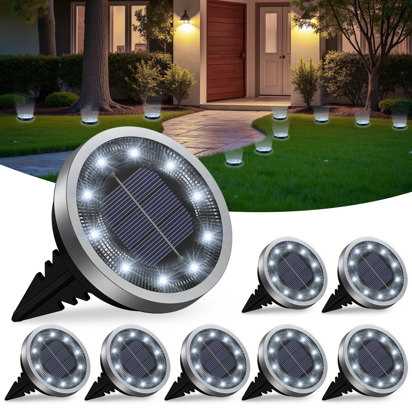 Solar Lights Outdoor Garden, 8 Pack Ground 10 LED Pathway White