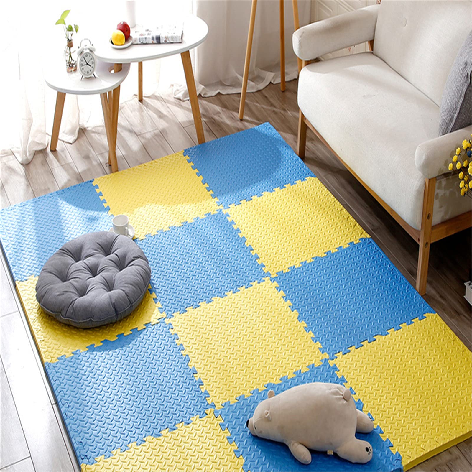 Puzzle Tappeto per Bambini Eva Antiscivolo Grande Tappeto Gioco può Essere Montato, Piastrelle Incastro Schiuma Eva, Pavimento per Attrezzature Palestra per allenamenti,Blue+Yellow,8