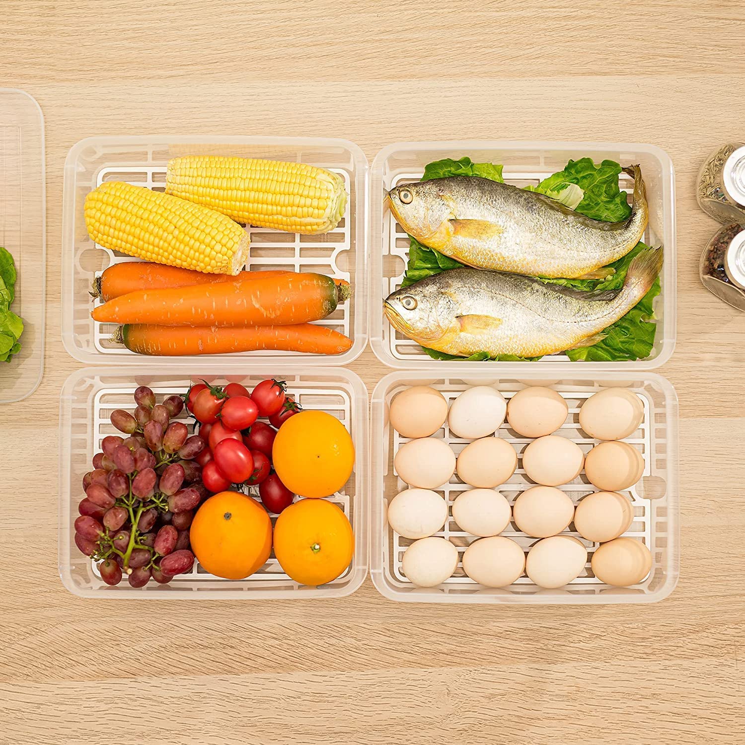 Raawan Cajas de almacenamiento para refrigerador (paquete de 6), organizador de refrigerador con placa de drenaje extraíble y tapa, bandeja de almacenamiento portátil apilable para mantener fresco