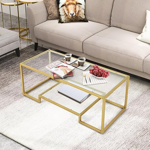 Miniatura 8 de KOTEK Mesa de centro moderna de vidrio templado, mesas centrales rectangulares de 45 pulgadas de ancho con estante de almacenamiento de 2 niveles,