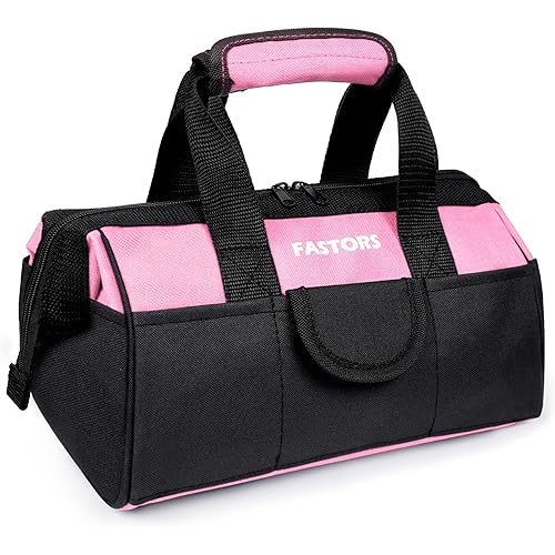 FASTORS Pink Tool Bag for Women With 13-Inch Wide Mouth Double Zippers,Tool Bag With 8 Pockets Outside and 2 Pockets Inside(PINK)
