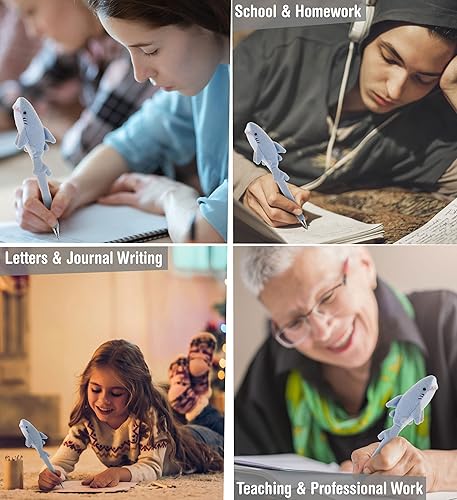 Miniatura 3 de DolliBu - Bolígrafo de peluche de tiburón gris, lindo y suave de la vida marina, juguete novedoso, bolígrafo de escritura único para escuela y