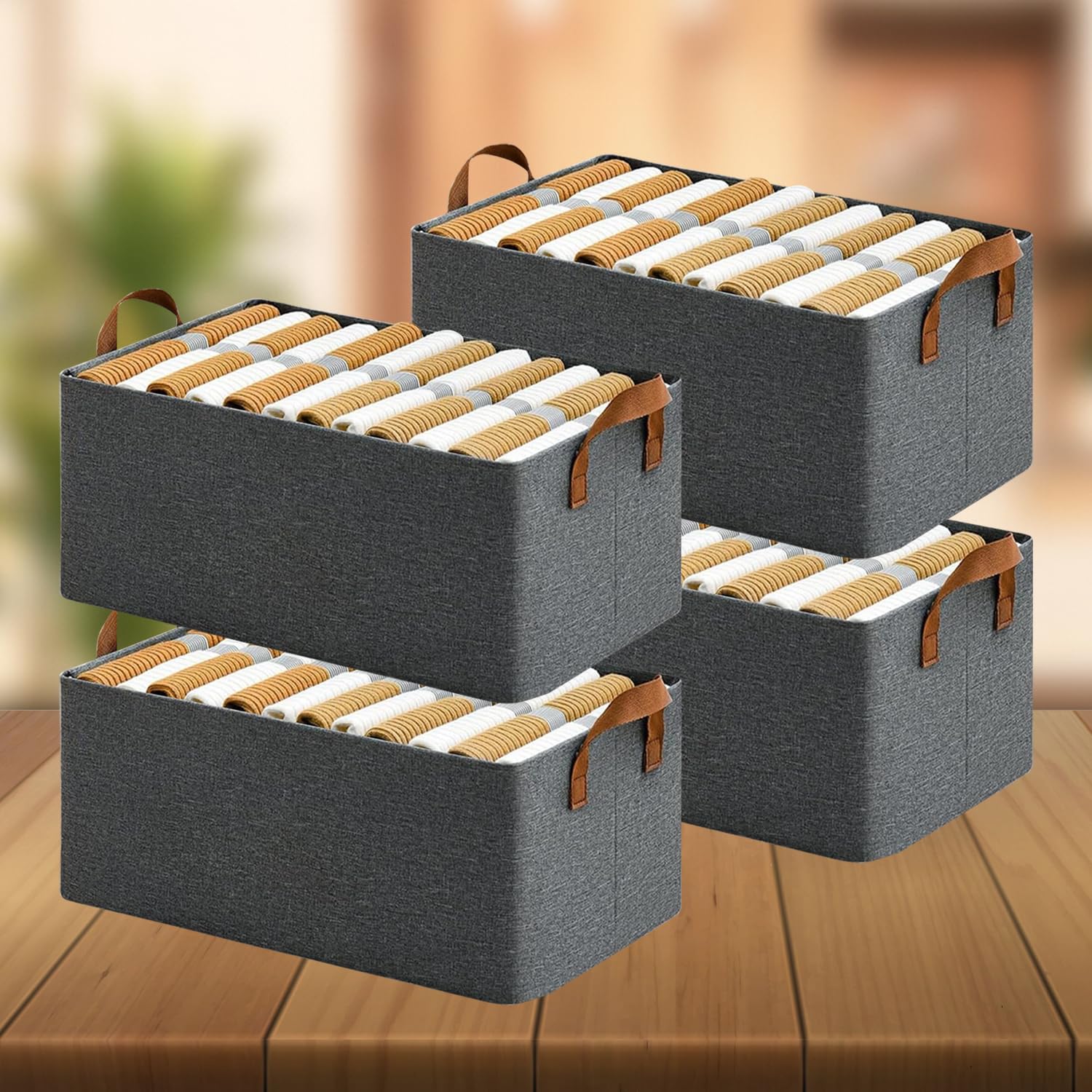 SITTELLA Lot de 4 organiseurs de garde-robe pliables avec poignée durable, boîte de rangement pour vêtements, jouets, livres, couvertures (gris)