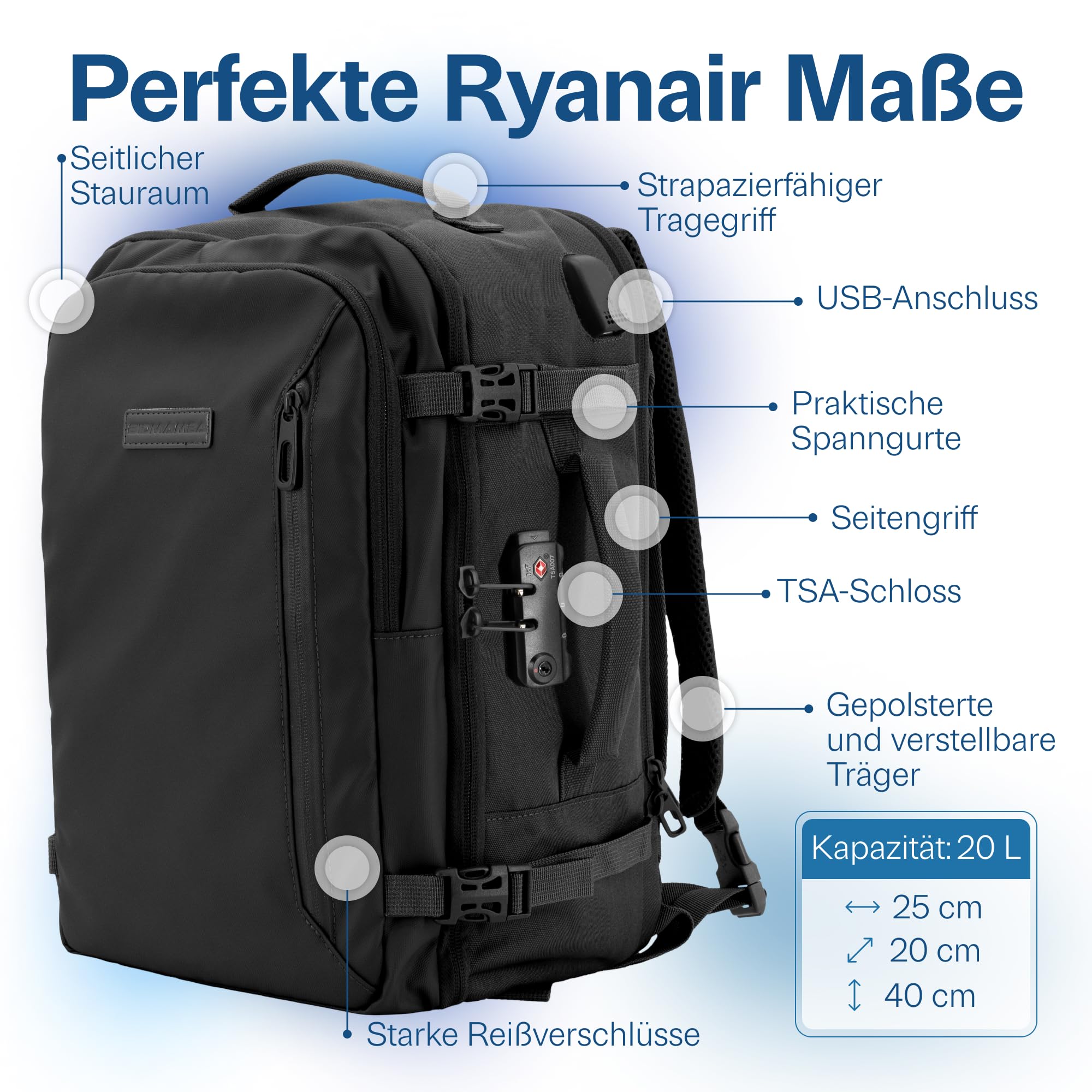 BidMamba Handgepäck Rucksack mit TSA Schloss für Ryanair 40x20x25, wasserdichter Reiserucksack Damen Herren, Flugzeug Handgepäck mit Laptopfach, praktischer Travel Rucksack für Reisen und Alltag