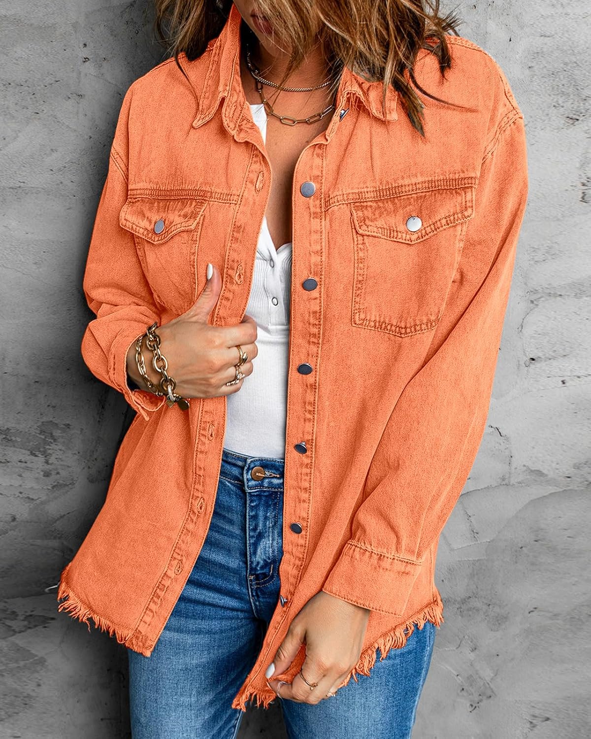 Vetinee Women’s Oversized Button Up Frayed Hem Shacket Long Sleeve Pockets Denim Jean Jacket - Image 4