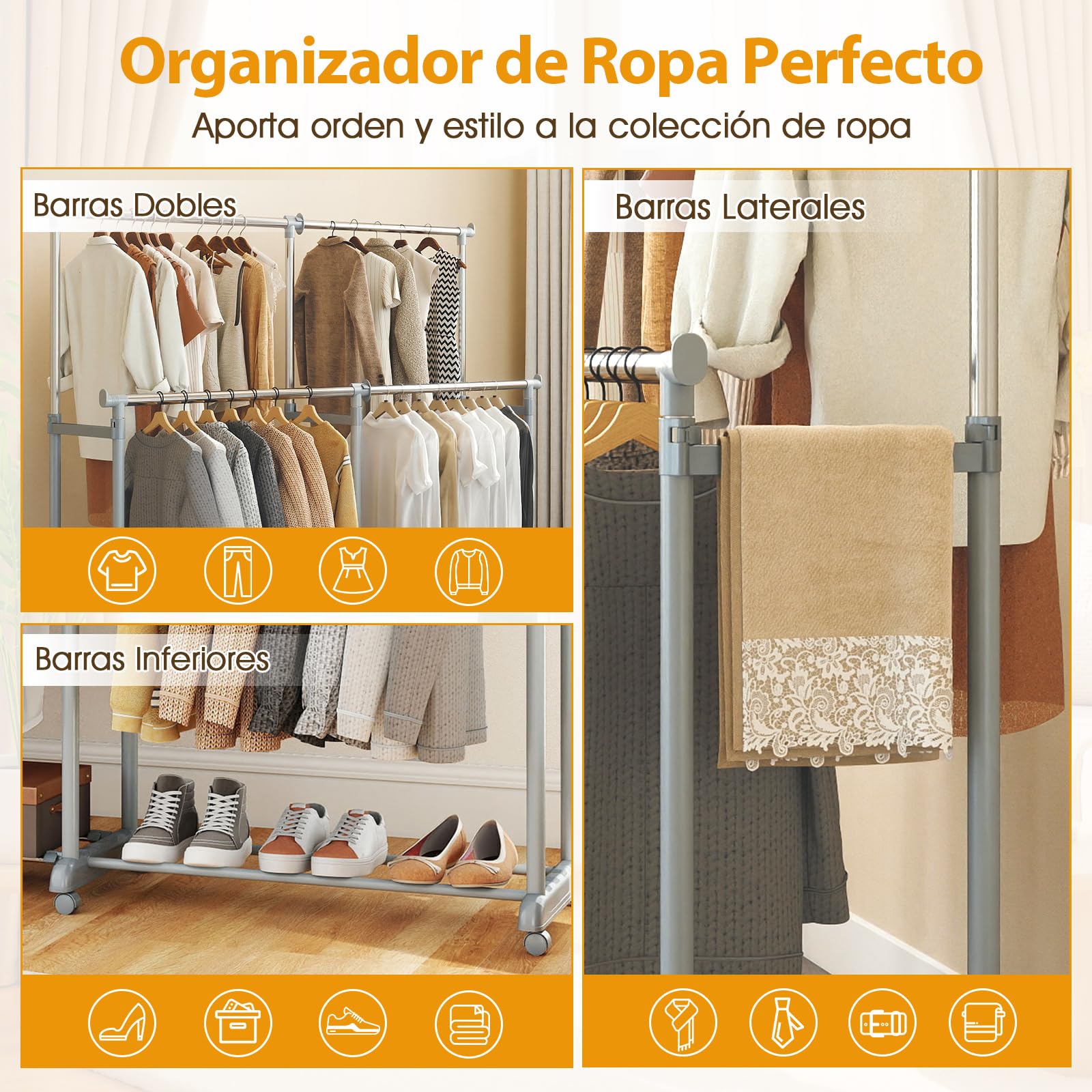 COSTWAY Burro Ropa con Ruedas, Perchero Burro de Doble Barra, Altura y Ancho Extensibles, Metálico, Perchero de Pie Lavandería Dormitorio Salon, 167.5 x 44 x 168,5 cm, Plata