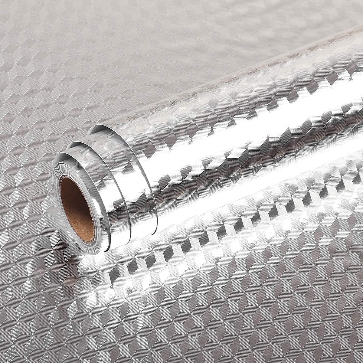 Openja Waterproof Kitchen Stickers for Cabinets Kitchen Oil Proof Sticker Roll Backsplash Wallpaper for Wall Self Adhesive Shelf Drawer Liner Stove Heat Resistant Contact Paper (Silver Cube, 60*200cm)